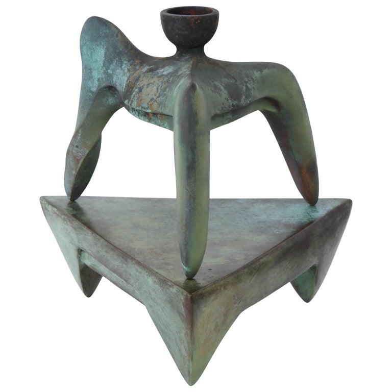 Contemporary American ceramic artist Richard Hirsch's Tripod Vessel and Stand #1B is part of his Skirted Series. The tripod and base are cast bronze with polychromed patinas that were made at Sloss Furnaces in Birmingham, AL. The tripod alone