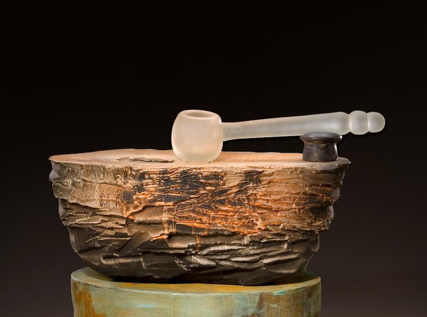 Glazed Richard Hirsch Ceramic Altar Bowl with Blown Glass Ladle #5, 2007 For Sale