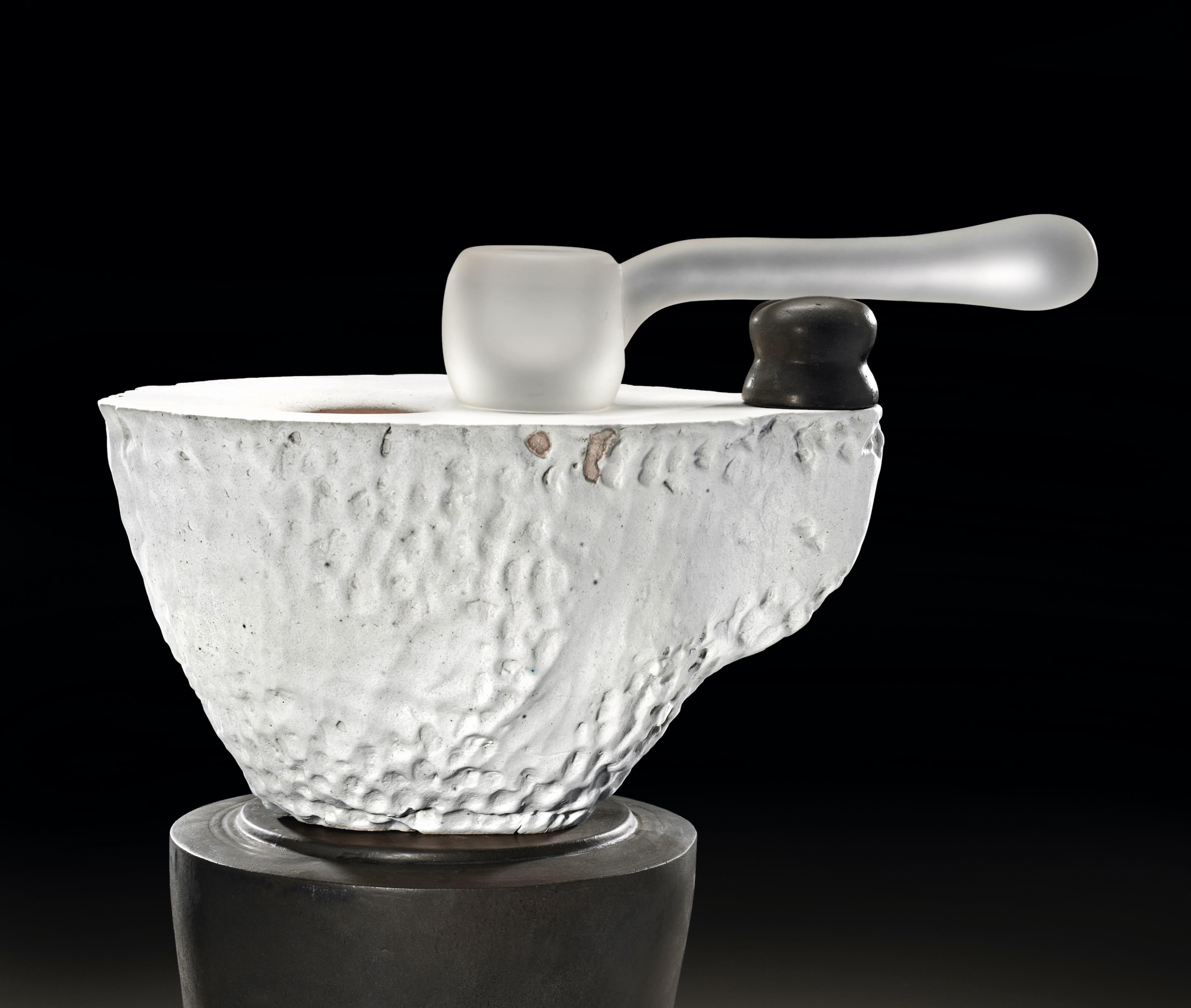 Glazed Richard Hirsch Ceramic Altar Bowl with Blown Glass Ladle Sculpture #3, 2020 For Sale