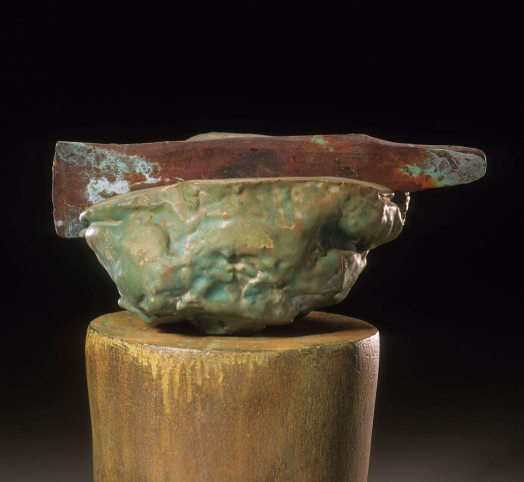 Glazed Richard Hirsch Ceramic Altar Bowl with Weapon Sculpture, 2000 For Sale
