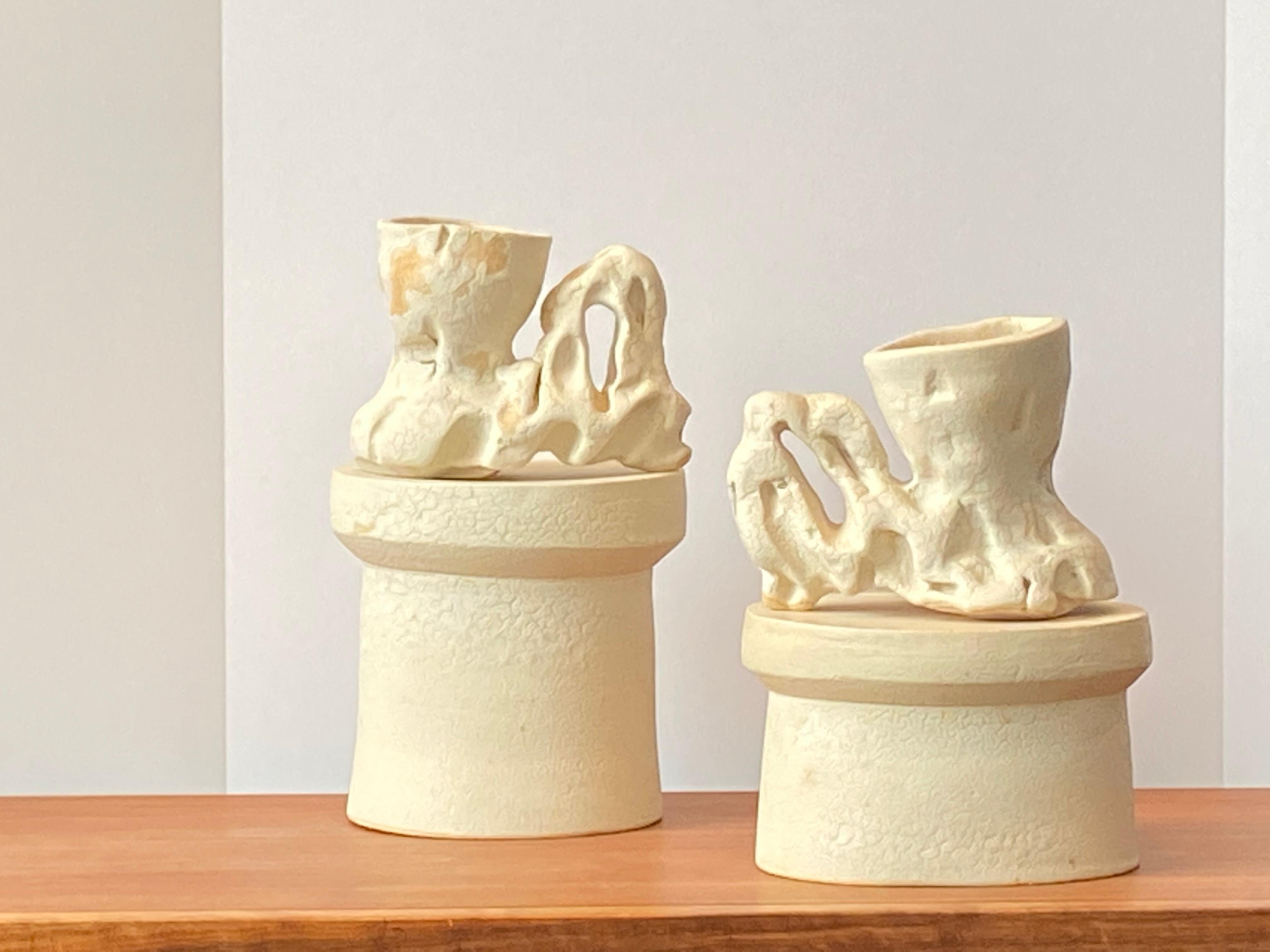 Modern Richard Hirsch Ceramic Creamy White Primal Cups with Stands, 2018 For Sale