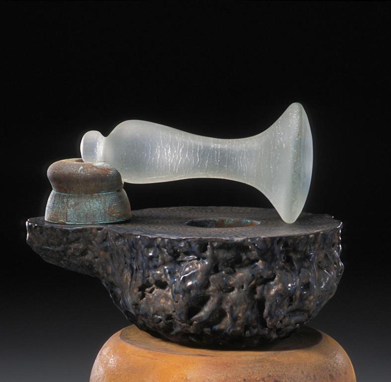 Glazed Richard Hirsch Ceramic Mortar and Blown Glass Pestle Sculpture #10, 2004 For Sale