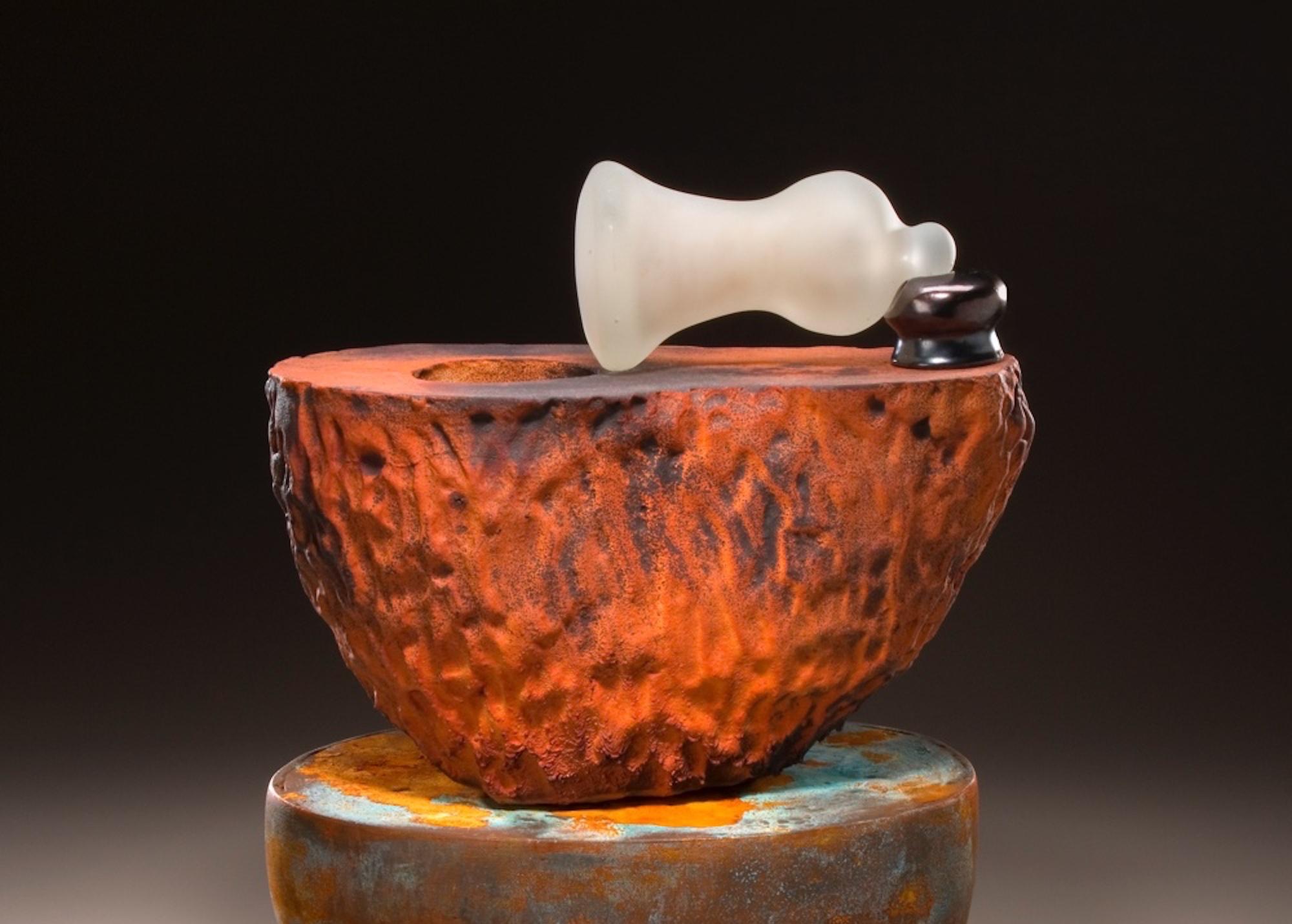 Glazed Richard Hirsch Ceramic Mortar and Blown Glass Pestle Sculpture #23, 2006 For Sale