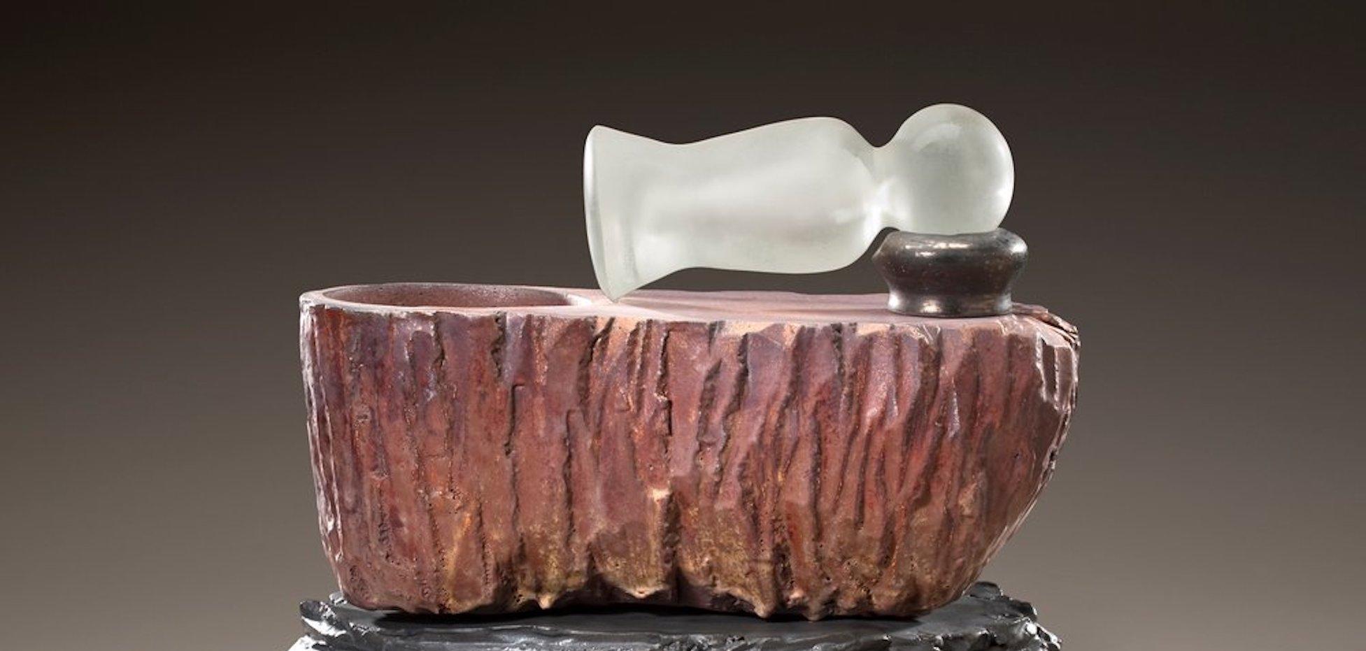 American Richard Hirsch Ceramic Mortar and Hot Blown Glass Pestle Sculpture, 2009 For Sale