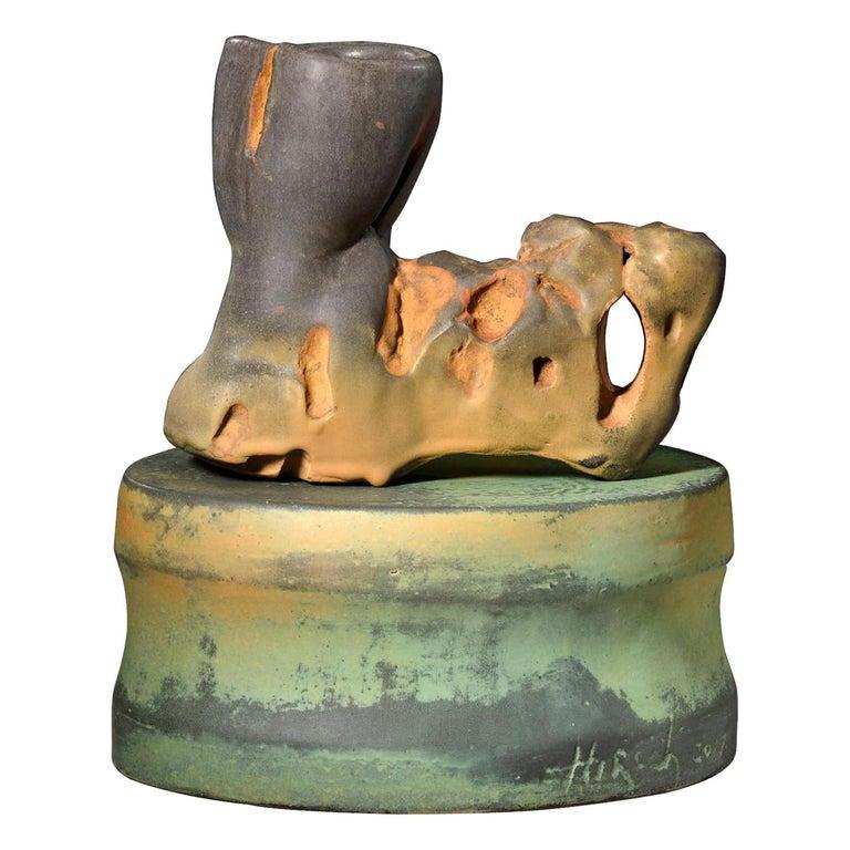 Contemporary American ceramic artist Richard Hirsch's Scholar Rock Cup Sculpture #28 was assembled in 2017. It's wheel thrown and hand built clay with black glaze, polychrome enamel paint and green glaze. Hirsch creates ceramic sculptures that