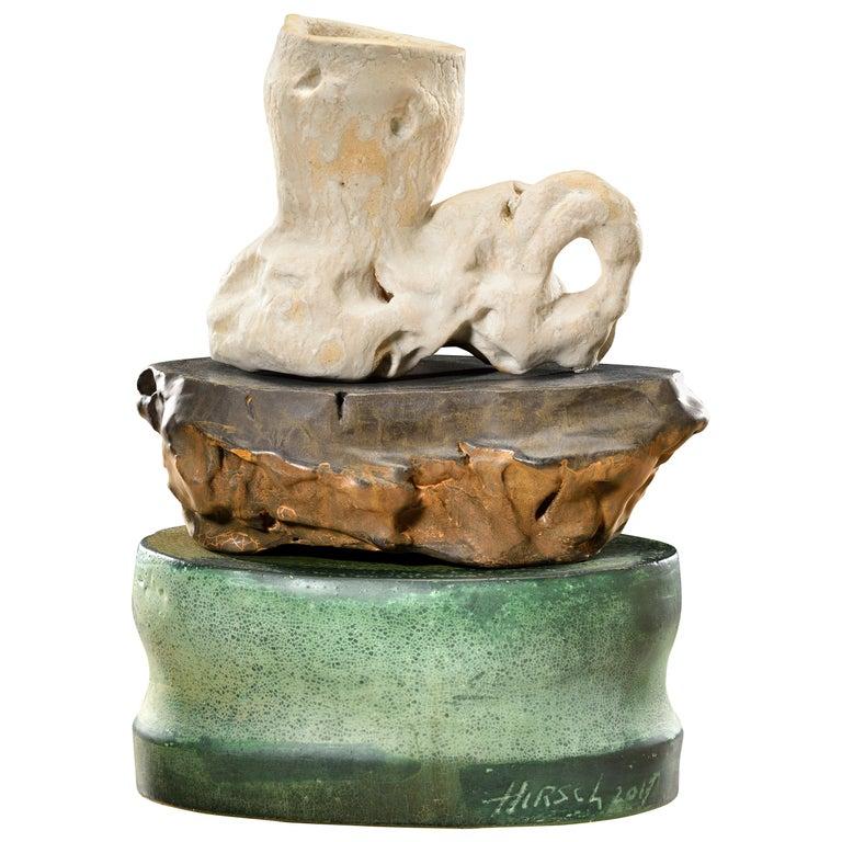Contemporary American ceramic artist Richard Hirsch's Scholar Rock Cup Sculpture with stand #32 was made in 2017 - 2018. It's wheel thrown and hand built clay with white glaze, black glaze and enamel polychrome paint. Hirsch creates ceramic