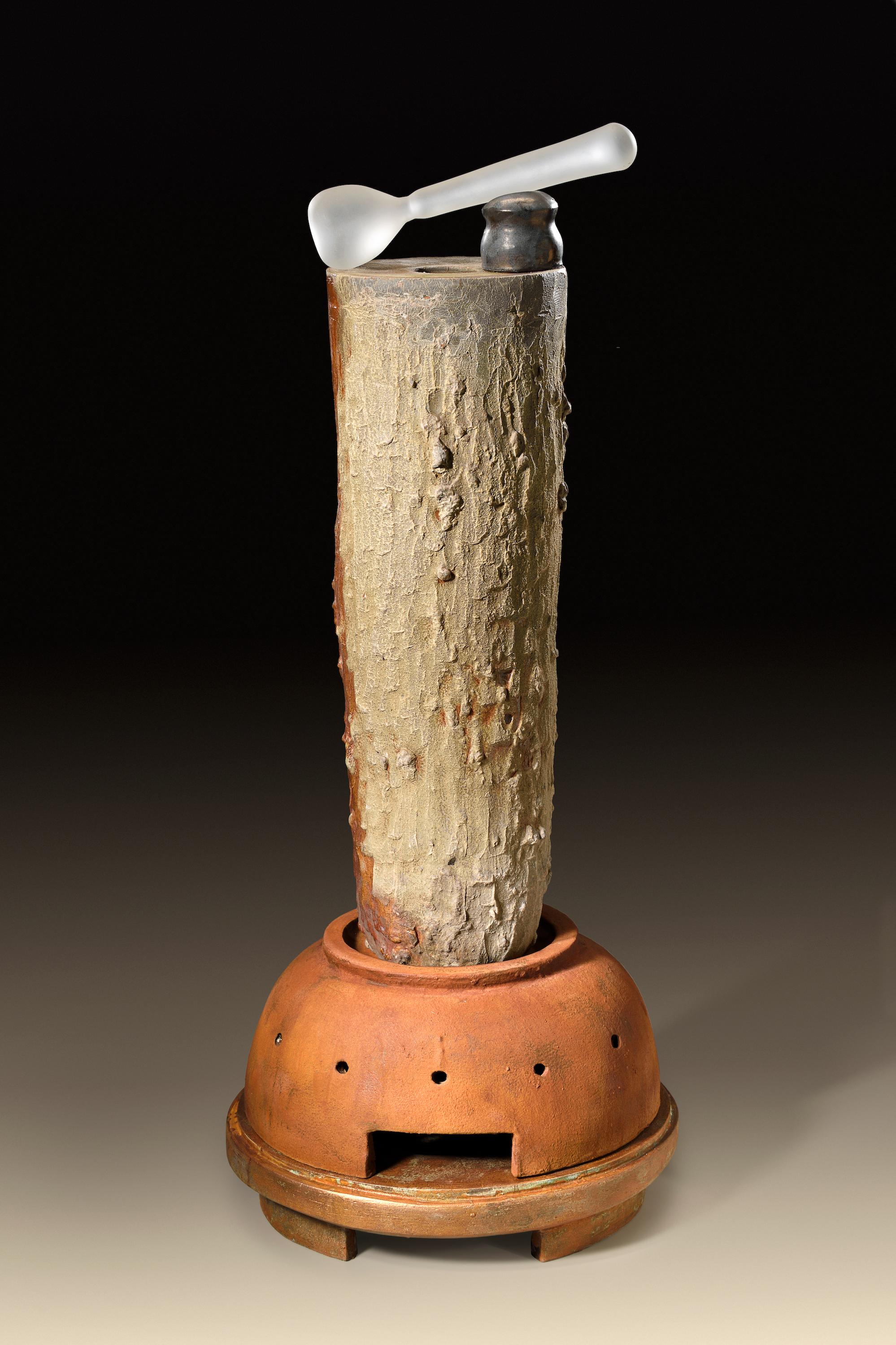 Stoneware Richard Hirsch Glazed Ceramic Crucible Sculpture with Blown Glass Pestle, 2018 For Sale