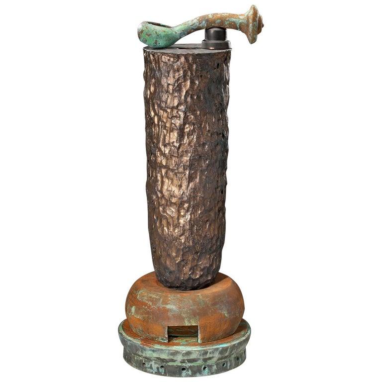 Contemporary American ceramic artist Richard Hirsch Ceramic Crucible Sculpture #25 was made in 2011. It's wheel thrown and hand built clay, soda fired with bronze glaze, raku rust and green patina. In the book 