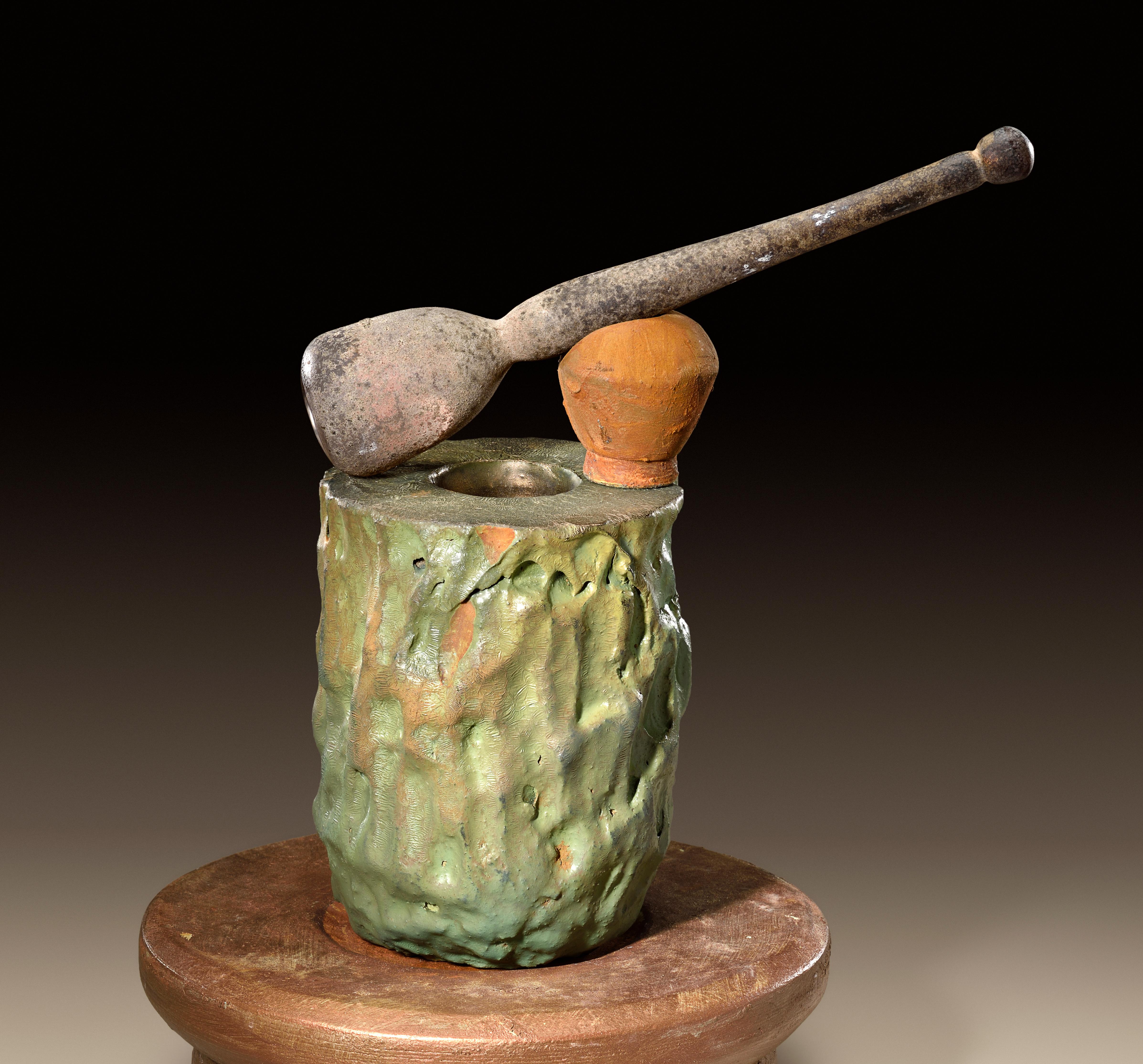Fired Richard Hirsch Glazed Ceramic Crucible Sculpture with Blown Glass Pestle, 2018 For Sale