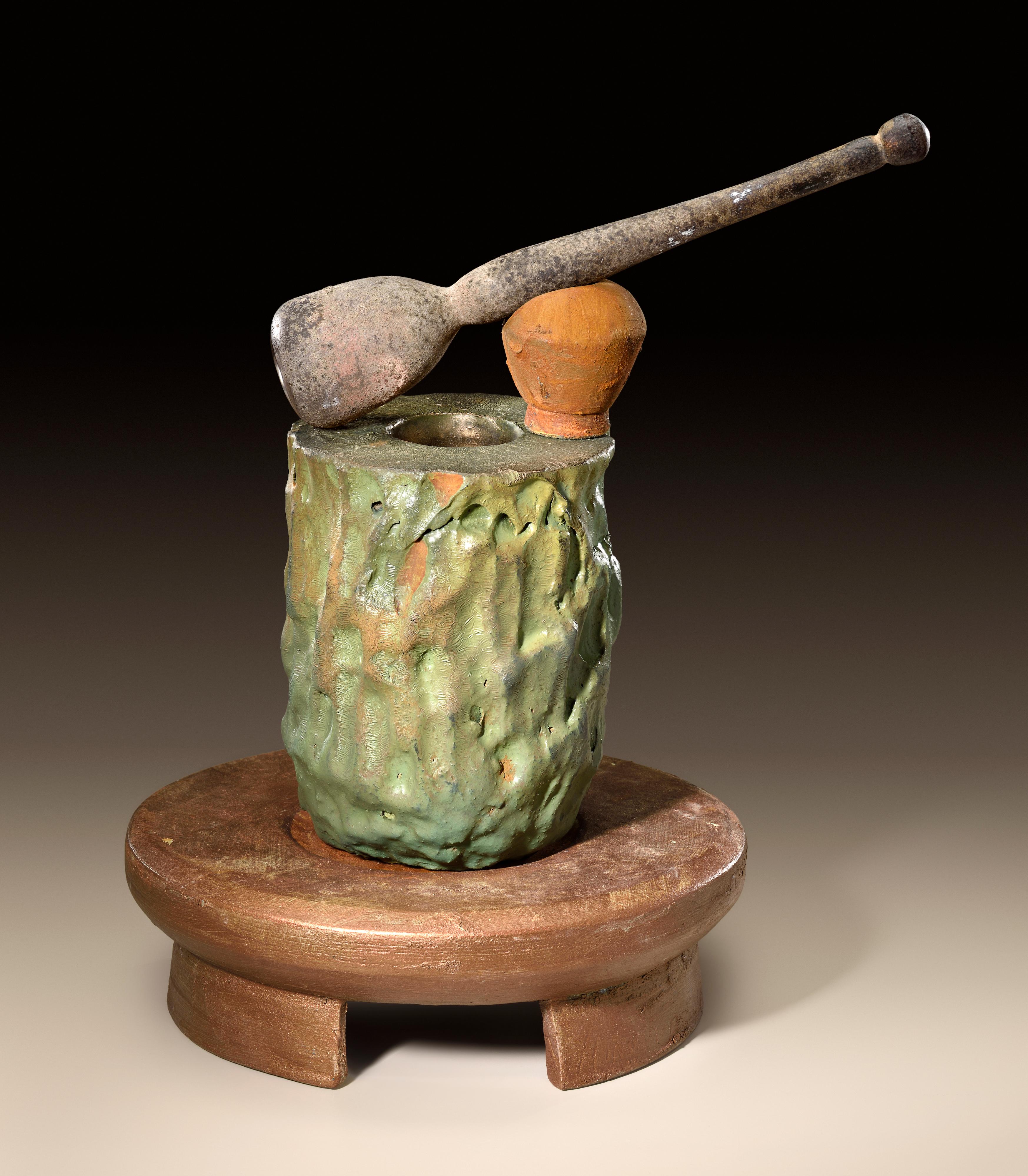 Contemporary Richard Hirsch Glazed Ceramic Crucible Sculpture with Blown Glass Pestle, 2018 For Sale