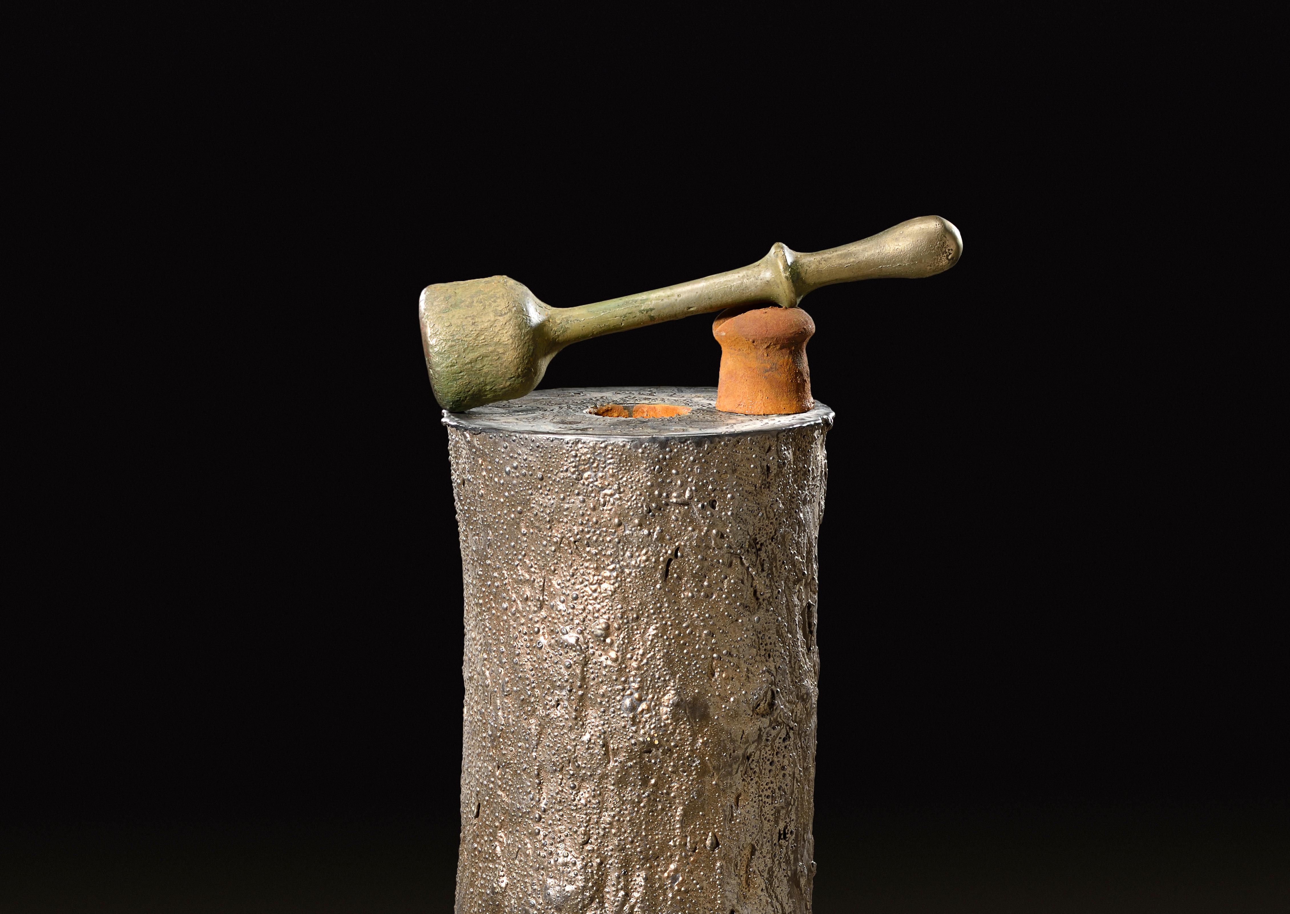 Richard Hirsch Glazed Ceramic Crucible Sculpture with Cast Bronze Pestle, 2018 In Excellent Condition For Sale In New York, NY