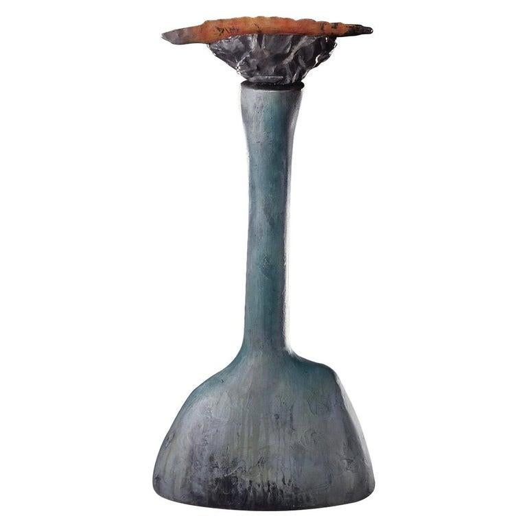 Contemporary American ceramic artist Richard Hirsch's Pedestal Bowl with Weapon #16 Sculpture is raku-fired, hand built with black glaze, raku patinas and enamel paint. Three separate pieces of wood or salt fired stoneware are assembled to create