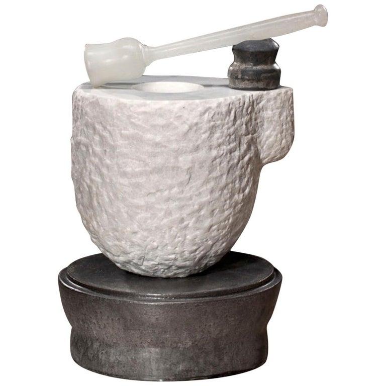 Contemporary American ceramic artist Richard Hirsch’s white marble mortar and glass pestle was made during 2006-2010. Its wheel thrown and hand built clay, black glaze, sculpted white marble and hot blown glass. “In his process, Hirsch is a reducer,
