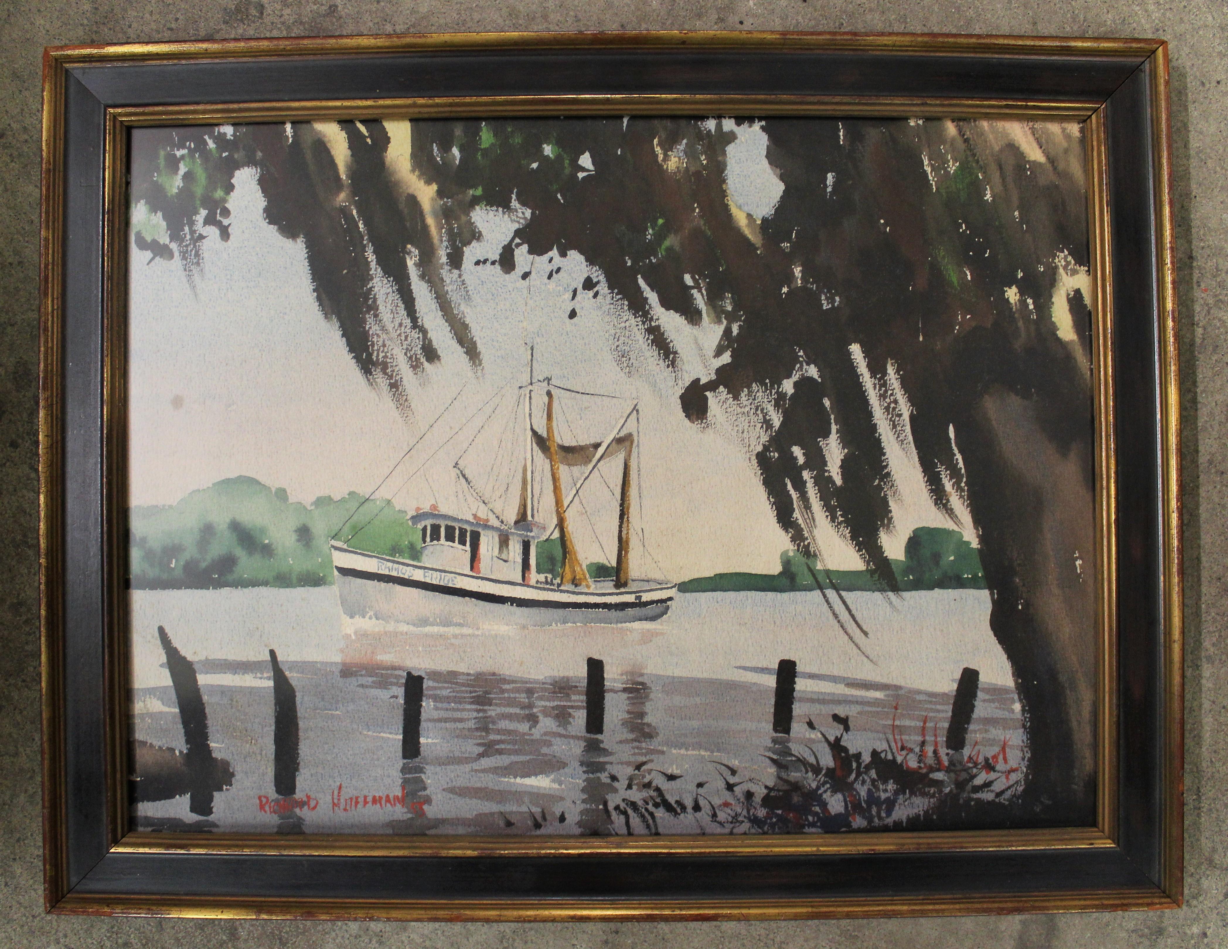 Richard Peter Hoffman (American 1911-1997) 
Medium: Watercolor
Shrimp boat in the Louisiana Bayou.

Biography:

Richard Peter Hoffman was a precisionist painter, photographer, and designer. Born in Allentown, Pennsylvania in 1911, Hoffman was