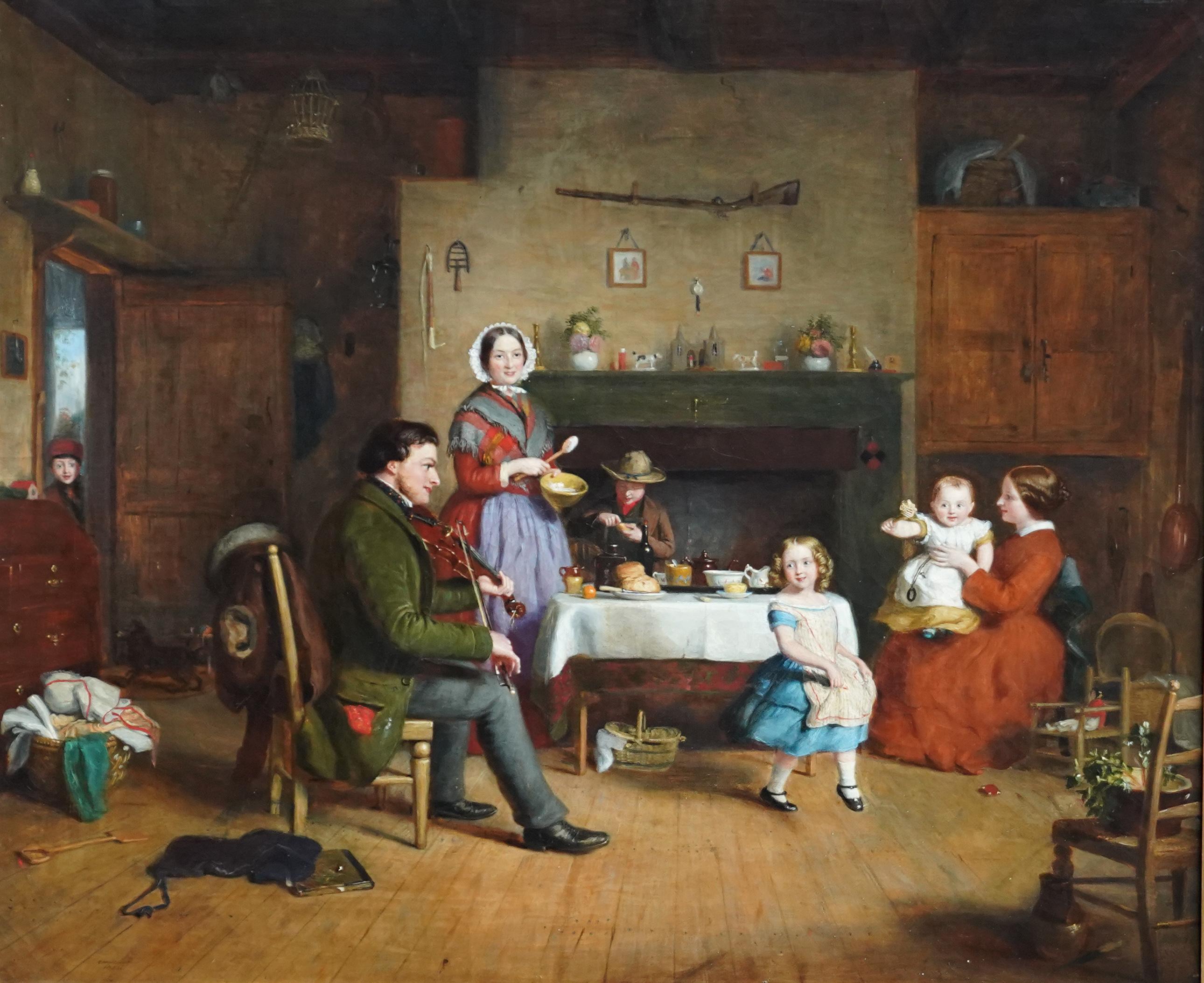 Retrato de una familia en el interior de una cabaña - Pintura al óleo británica del siglo XIX 7