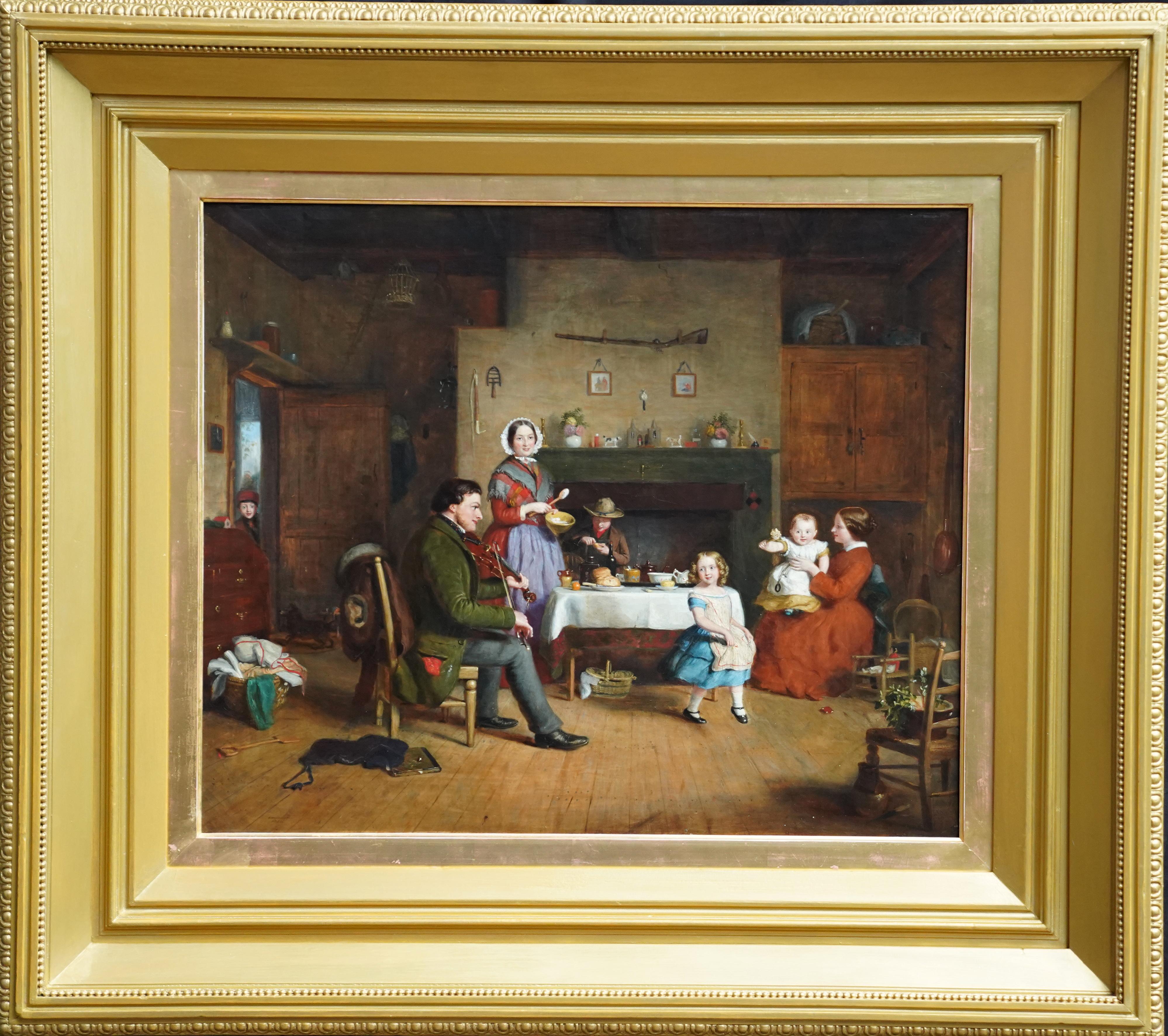 Retrato de una familia en el interior de una cabaña - Pintura al óleo británica del siglo XIX 8