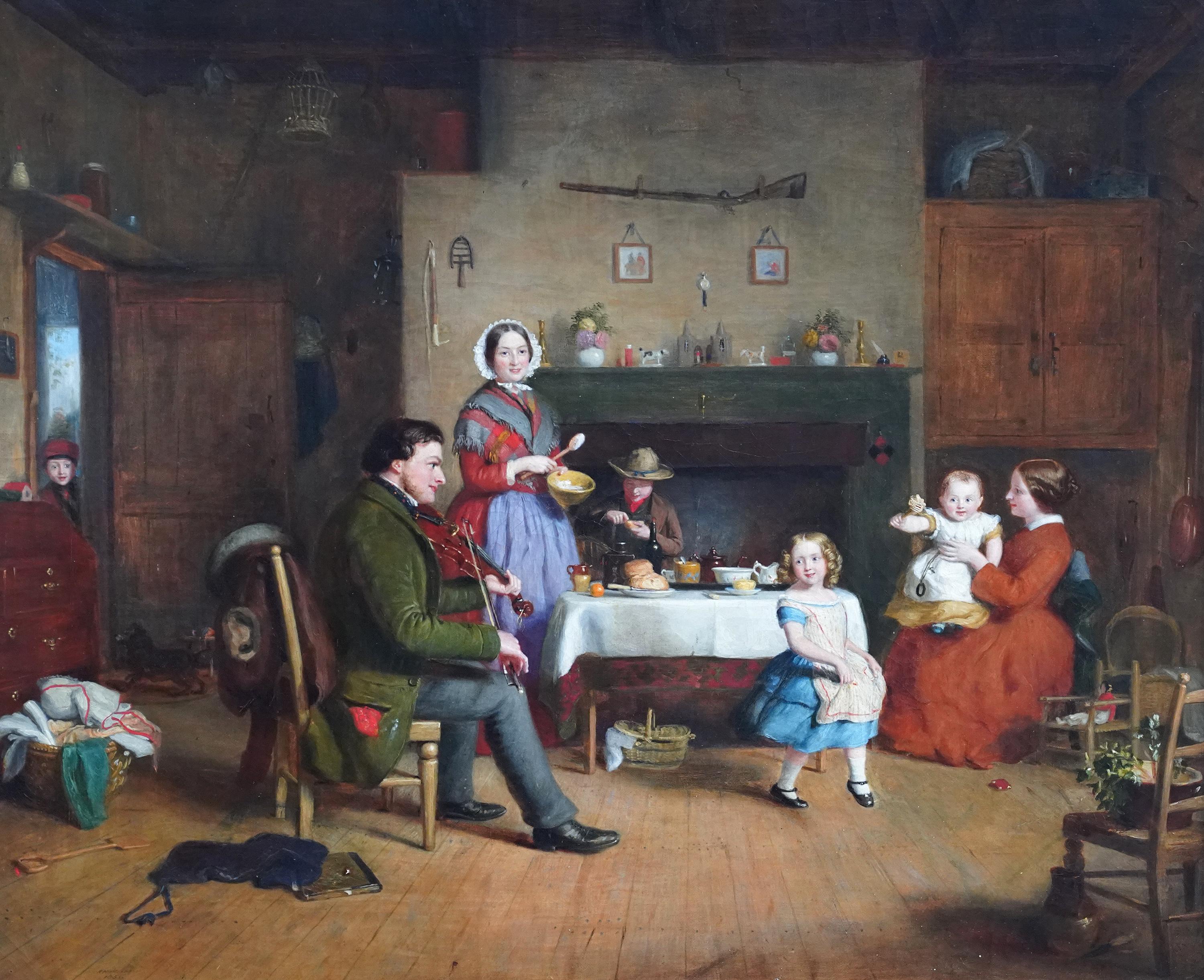 Retrato de una familia en el interior de una cabaña - Pintura al óleo británica del siglo XIX - Painting de Richard Hollingdale