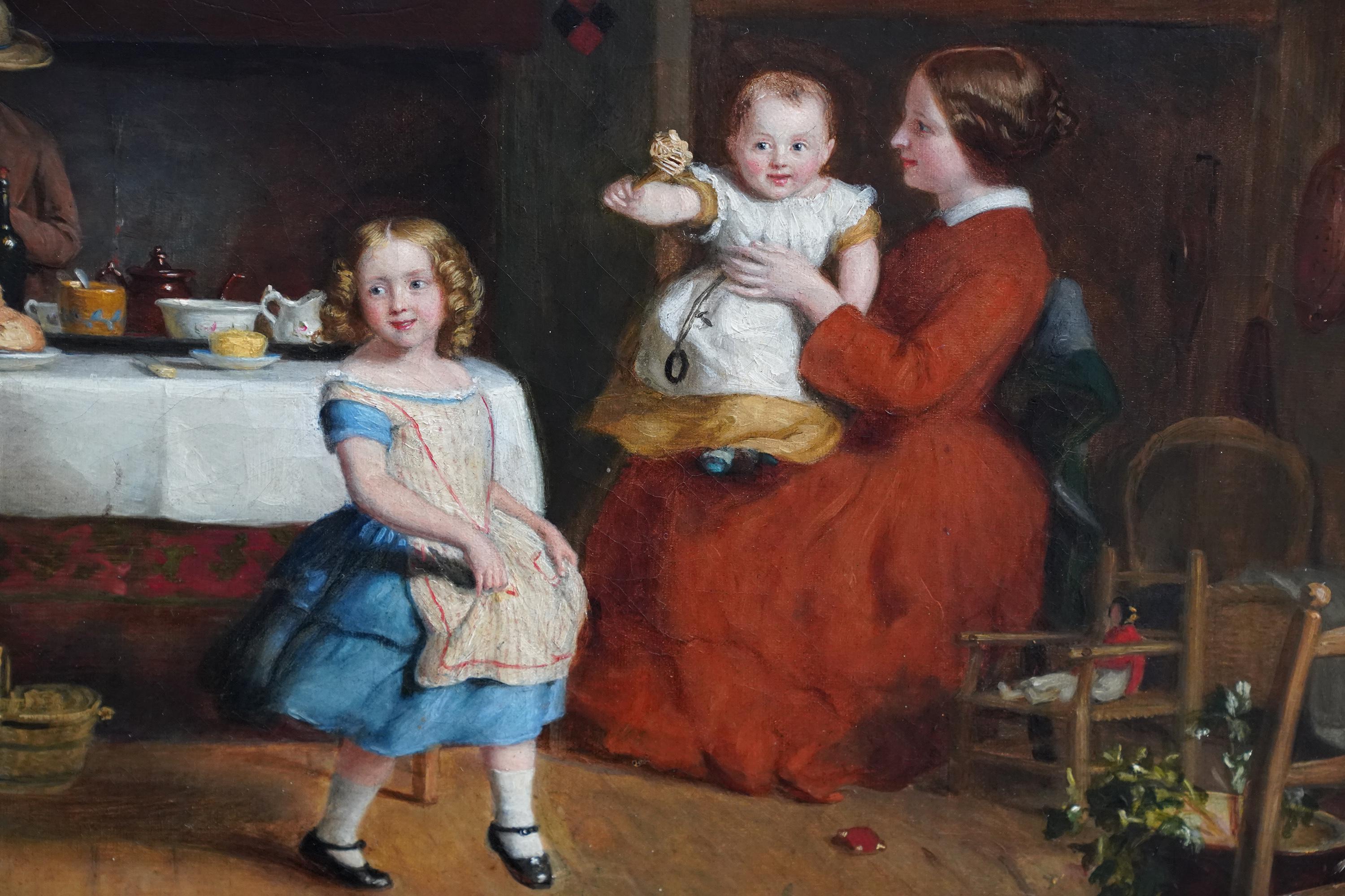 Retrato de una familia en el interior de una cabaña - Pintura al óleo británica del siglo XIX - Painting Victoriano de Richard Hollingdale