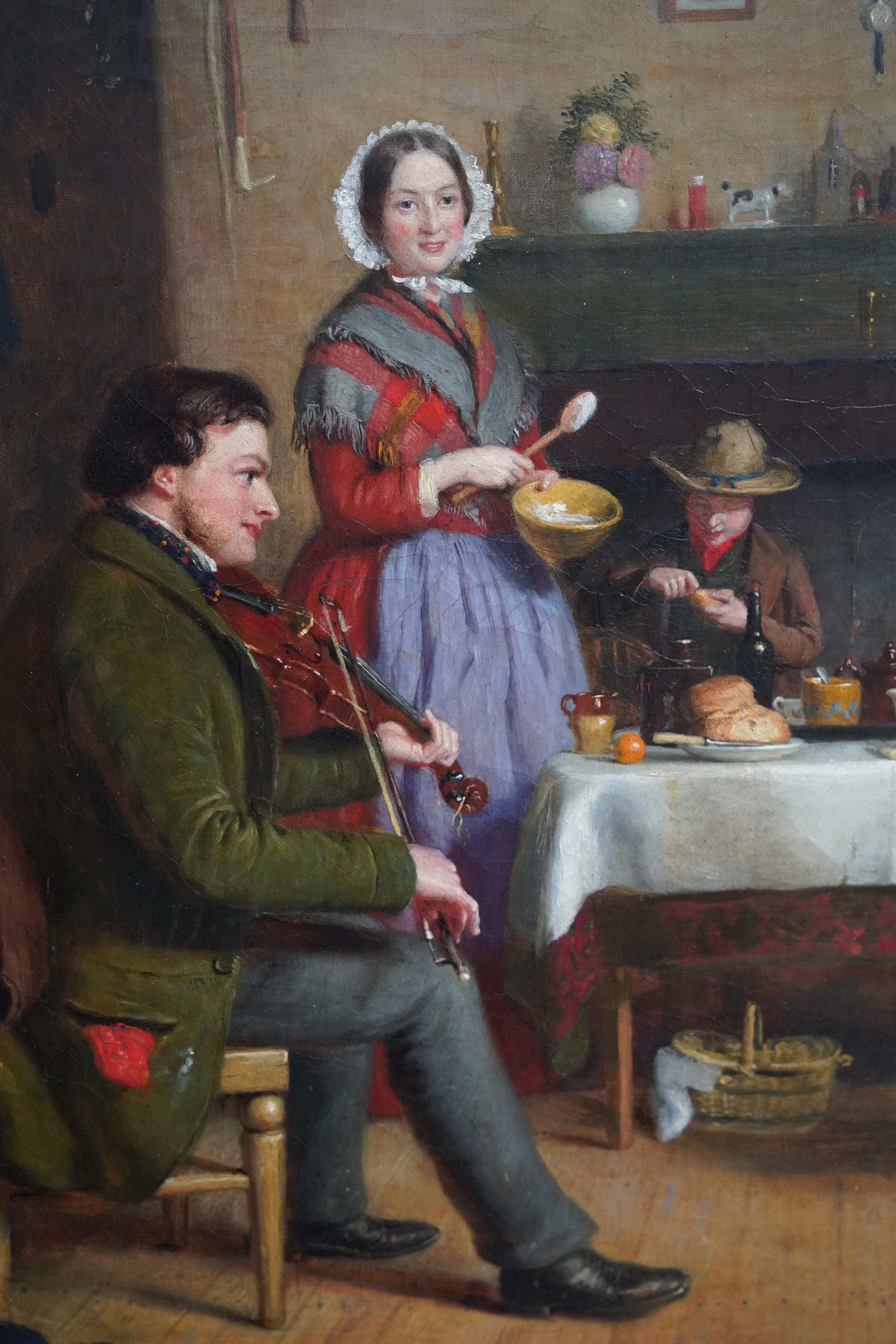 Retrato de una familia en el interior de una cabaña - Pintura al óleo británica del siglo XIX - Interior Painting Marrón de Richard Hollingdale