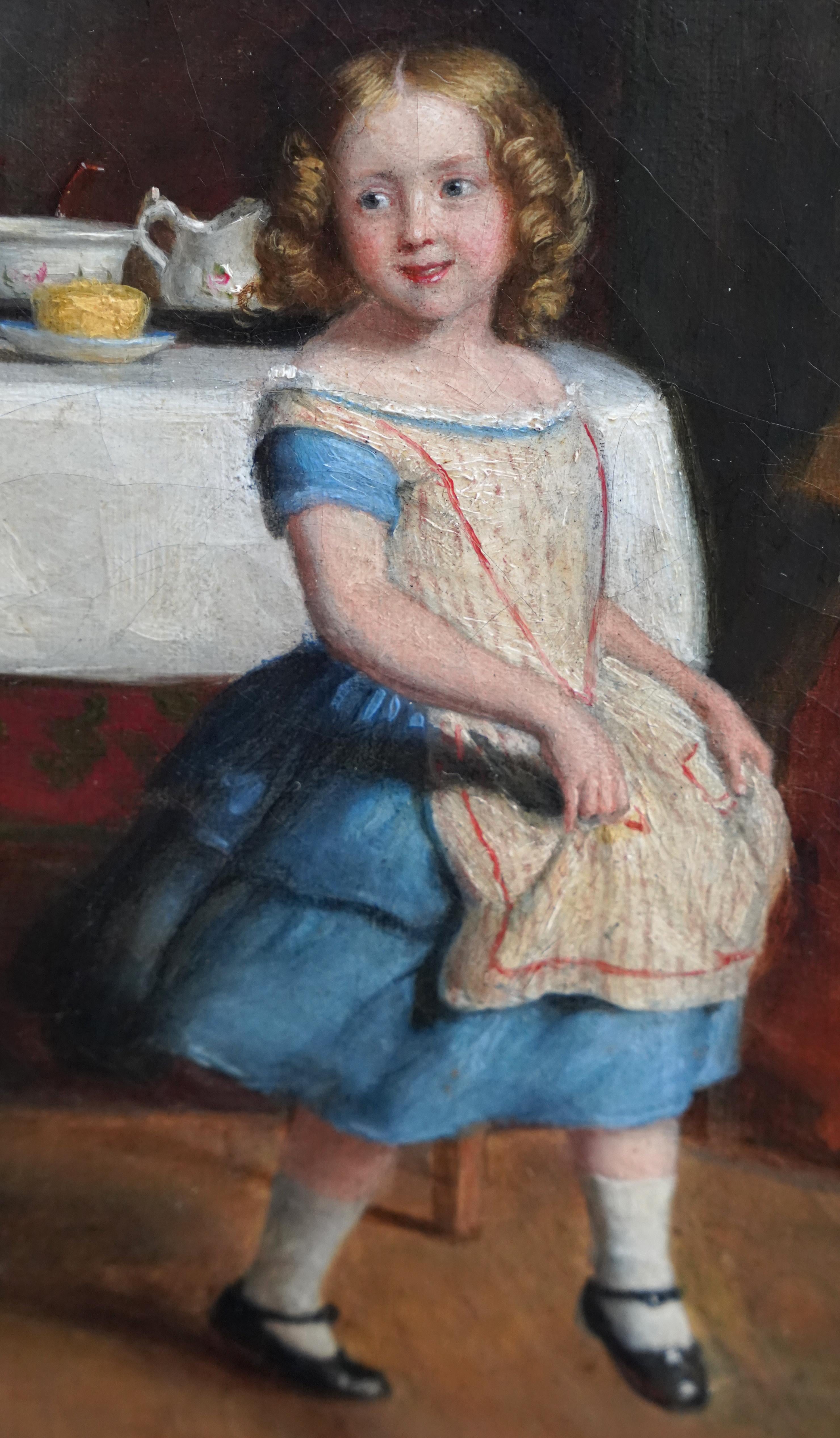 Richard Hollingdale, artista de género victoriano británico, pintó esta encantadora familia en el interior de una casa de campo. Pintada en 1855, la colorista composición está formada por seis figuras de todas las edades alrededor de una mesa, con
