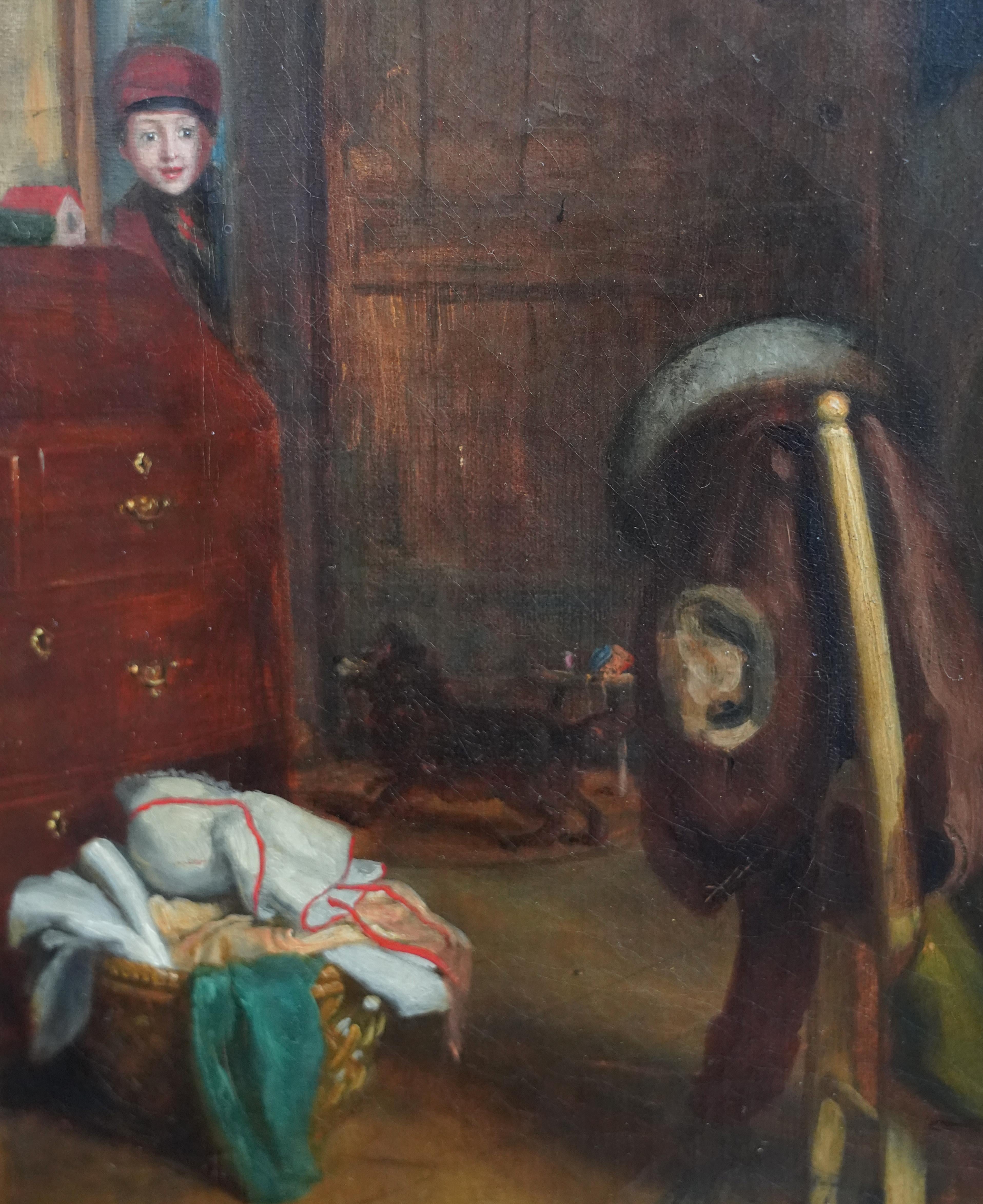 Retrato de una familia en el interior de una cabaña - Pintura al óleo británica del siglo XIX 3