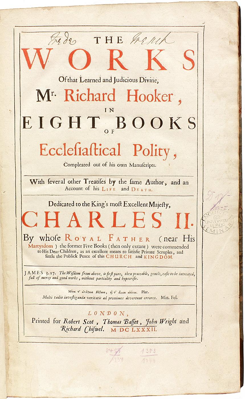 Britannico Richard Hooker Opere in otto libri di politica ecclesiastica 1682 1ª ED COMPLETA in vendita