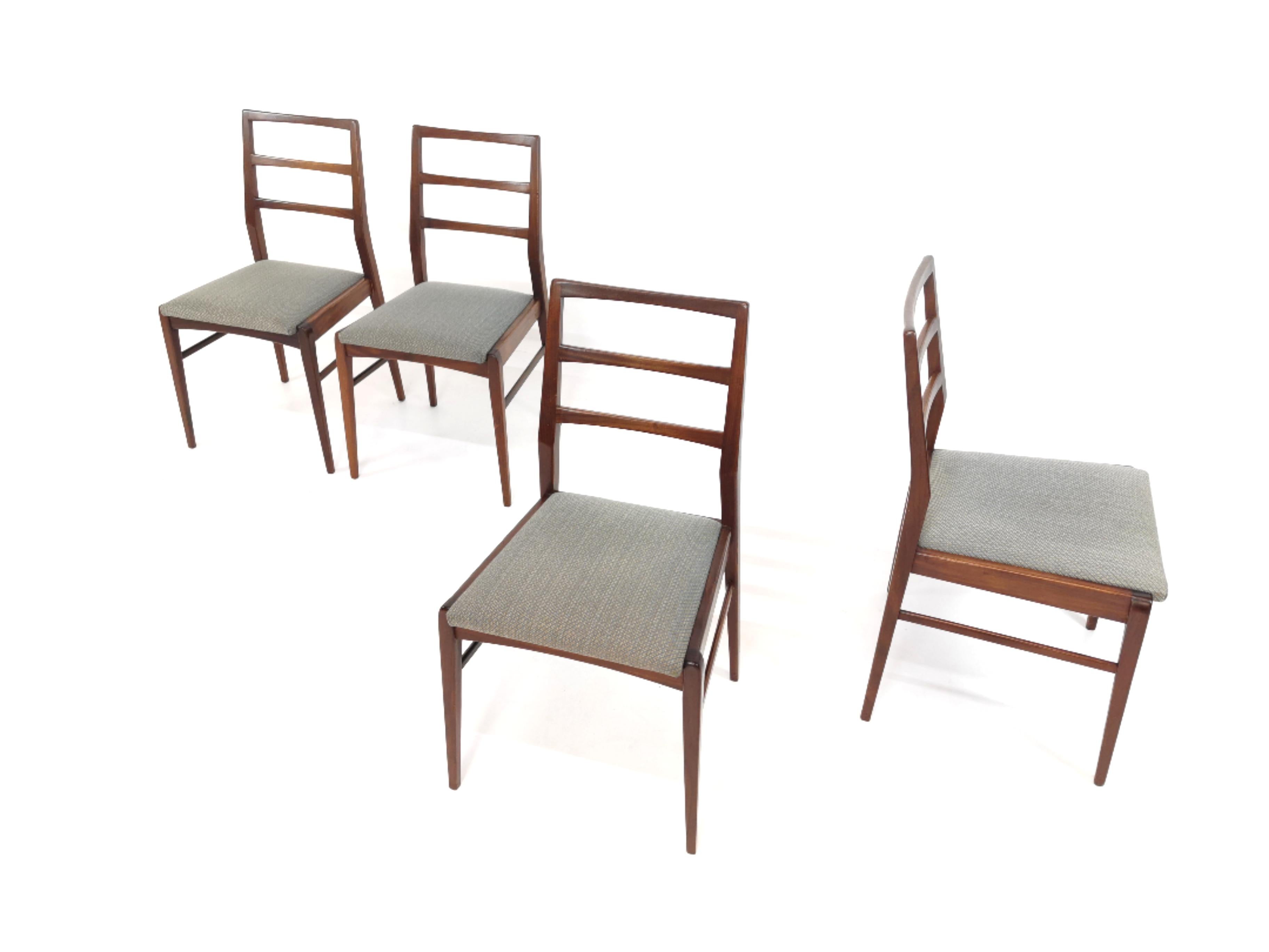 A set of 4 Richard Hornby for Heals Fyne lady Afromosia chairs. 

Retailed through Heals. 

Made exclusively from Afromosia, an African teak considered one of the world’s finest hardwoods. Superb upholstery fabric.