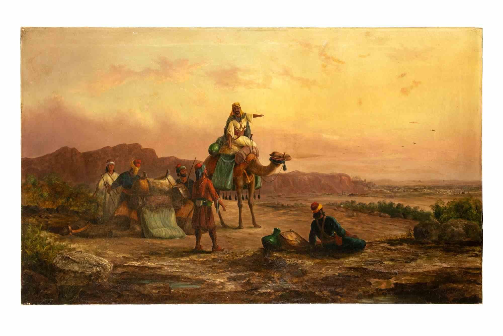 Richard Howard Hunt Landscape Painting - Pilgrims Halting near Cairo - Oil Paint by Howard Hunt - Late 19th Century 