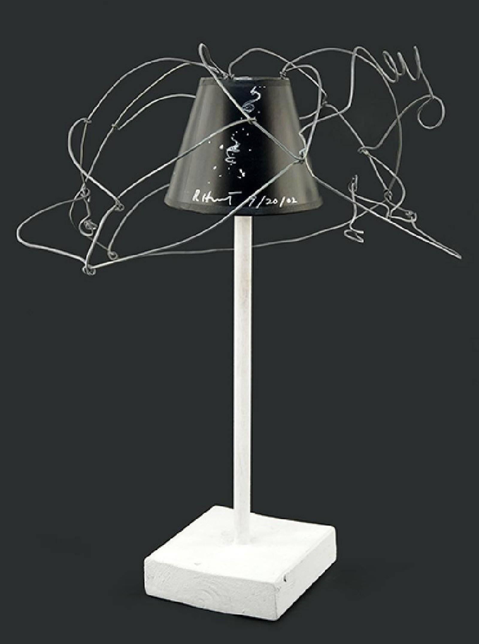 Richard Hunt Abstract Sculpture - Modernist Abstract Mixed Media Sculpture In Metal Wire And Lamp Shade