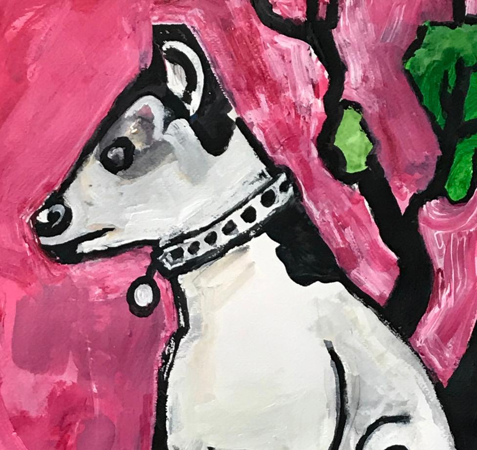 Pintura Contemporánea Americana Perro Árbol Rosa Paisaje Richard Huntington México en venta 2
