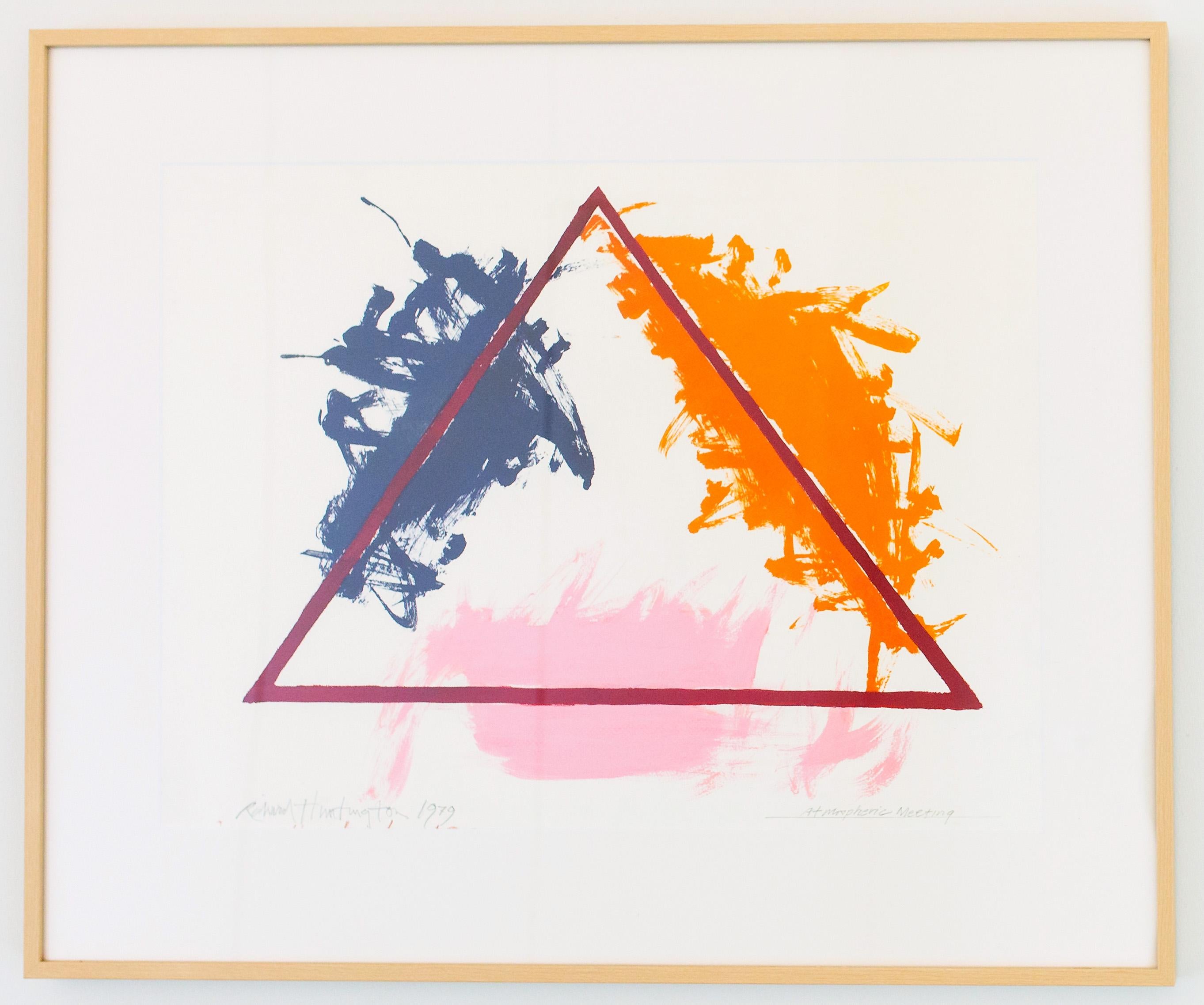 Triangle de peinture géométrique abstraite moderne américaine, encadrée et colorée, 1979 - Painting de Richard Huntington