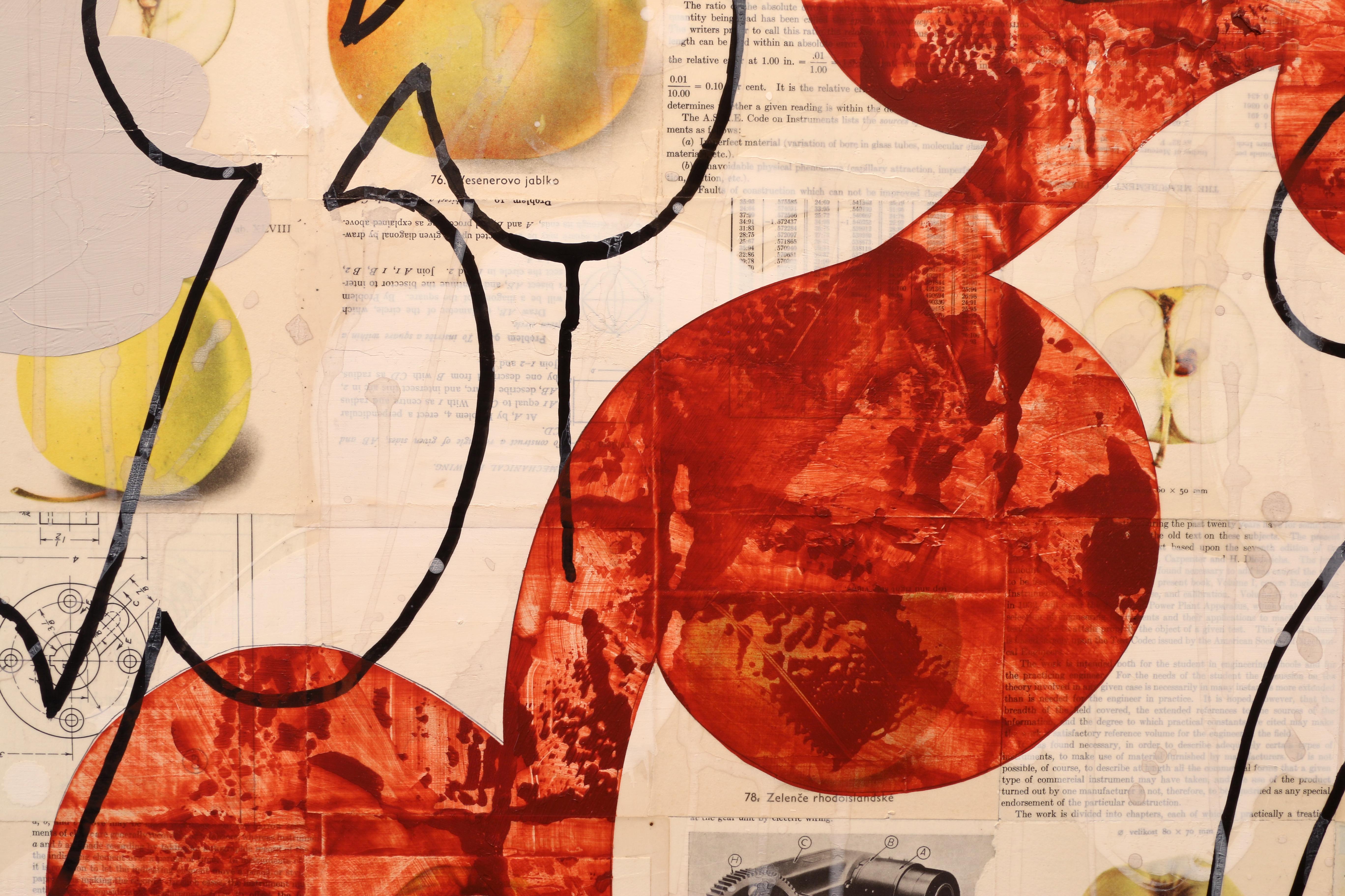 Pyrus Malus II, acrylic, charcoal & found-paper collage on wood panel, 36