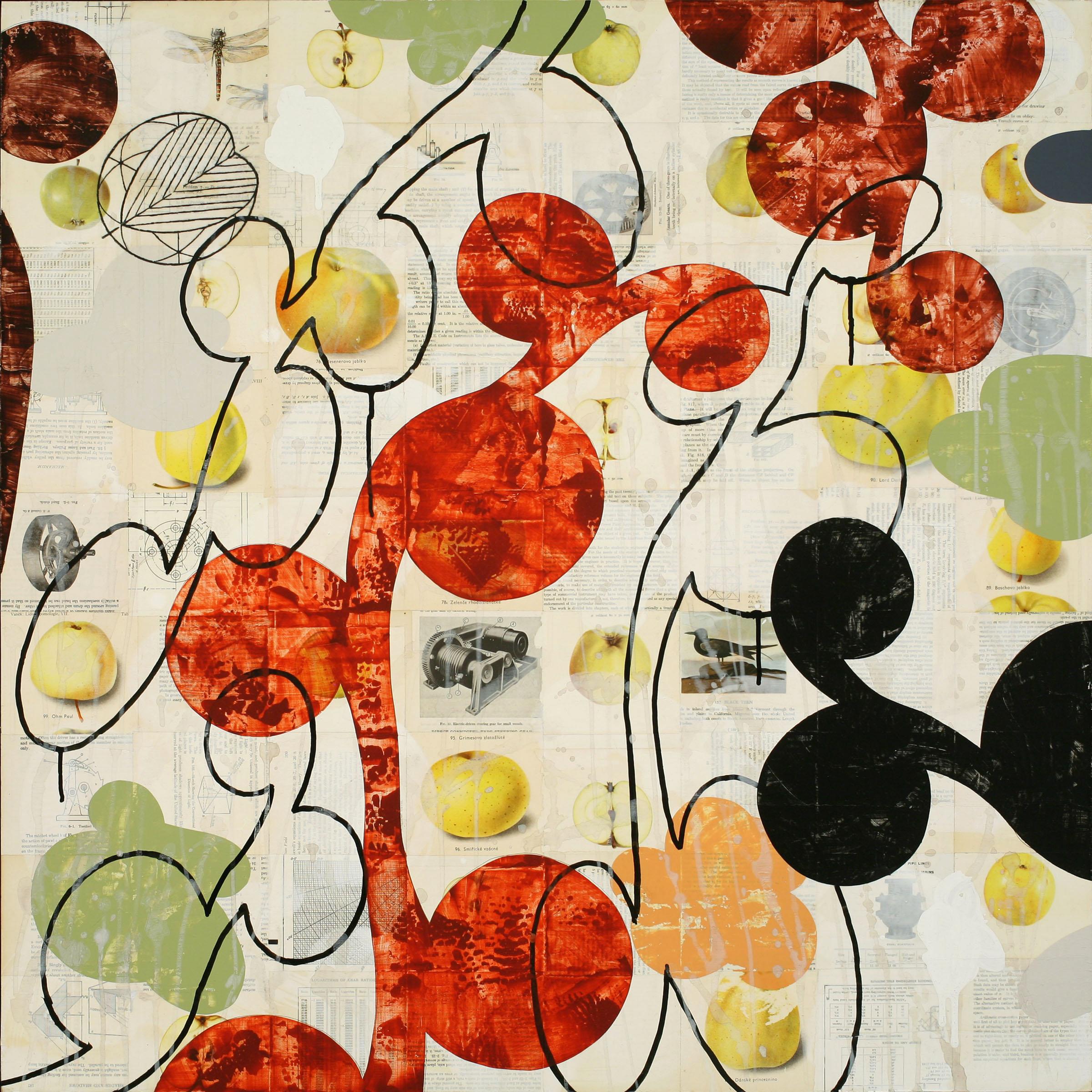 Pyrus Malus II, acrylic, charcoal & found-paper collage on wood panel, 36" x 36" – Mixed Media Art von Richard Hutter
