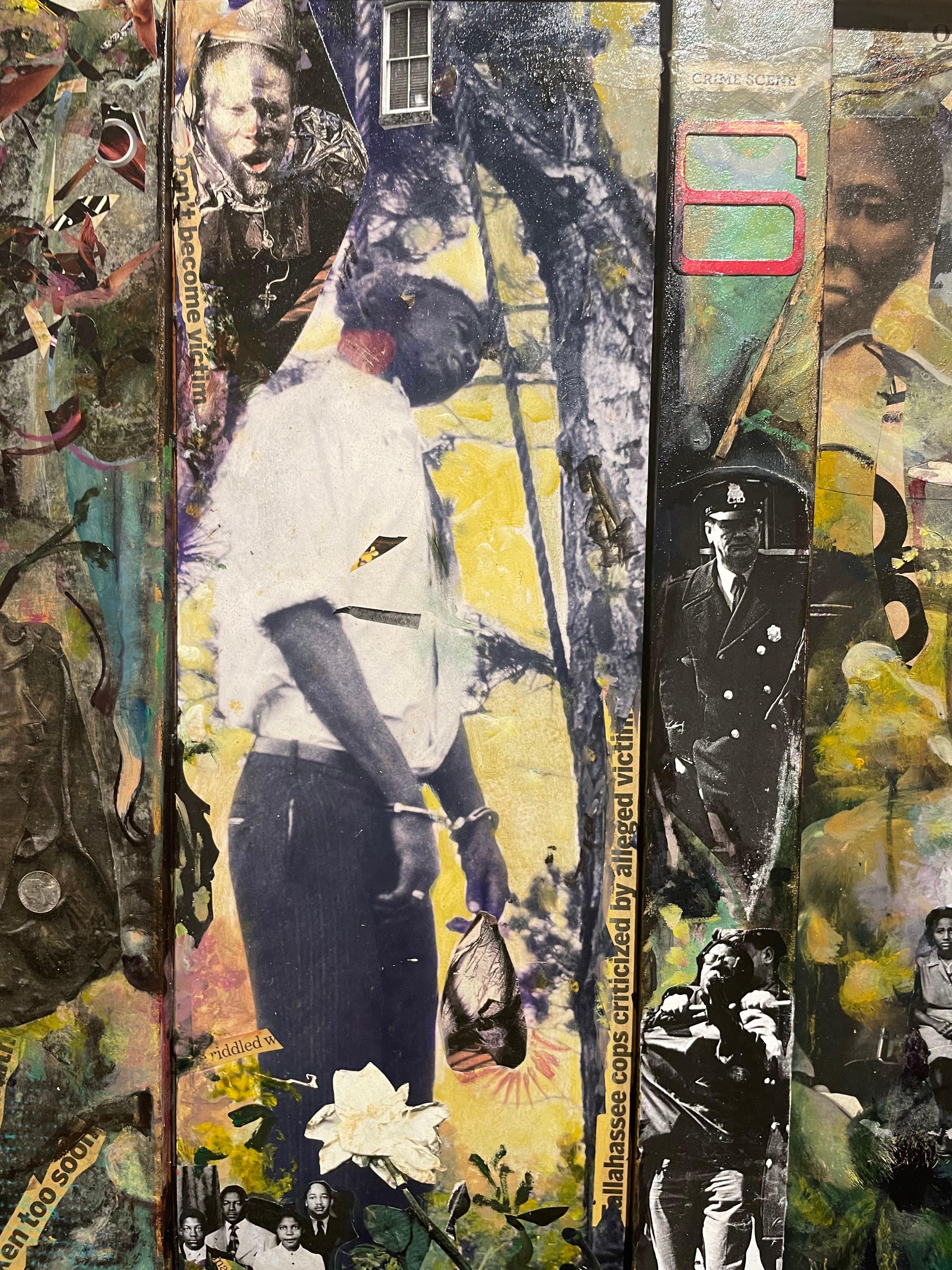 Abstract painting w/ collage & photographs, Black African American history - Brown Abstract Painting by Richard J. Watson
