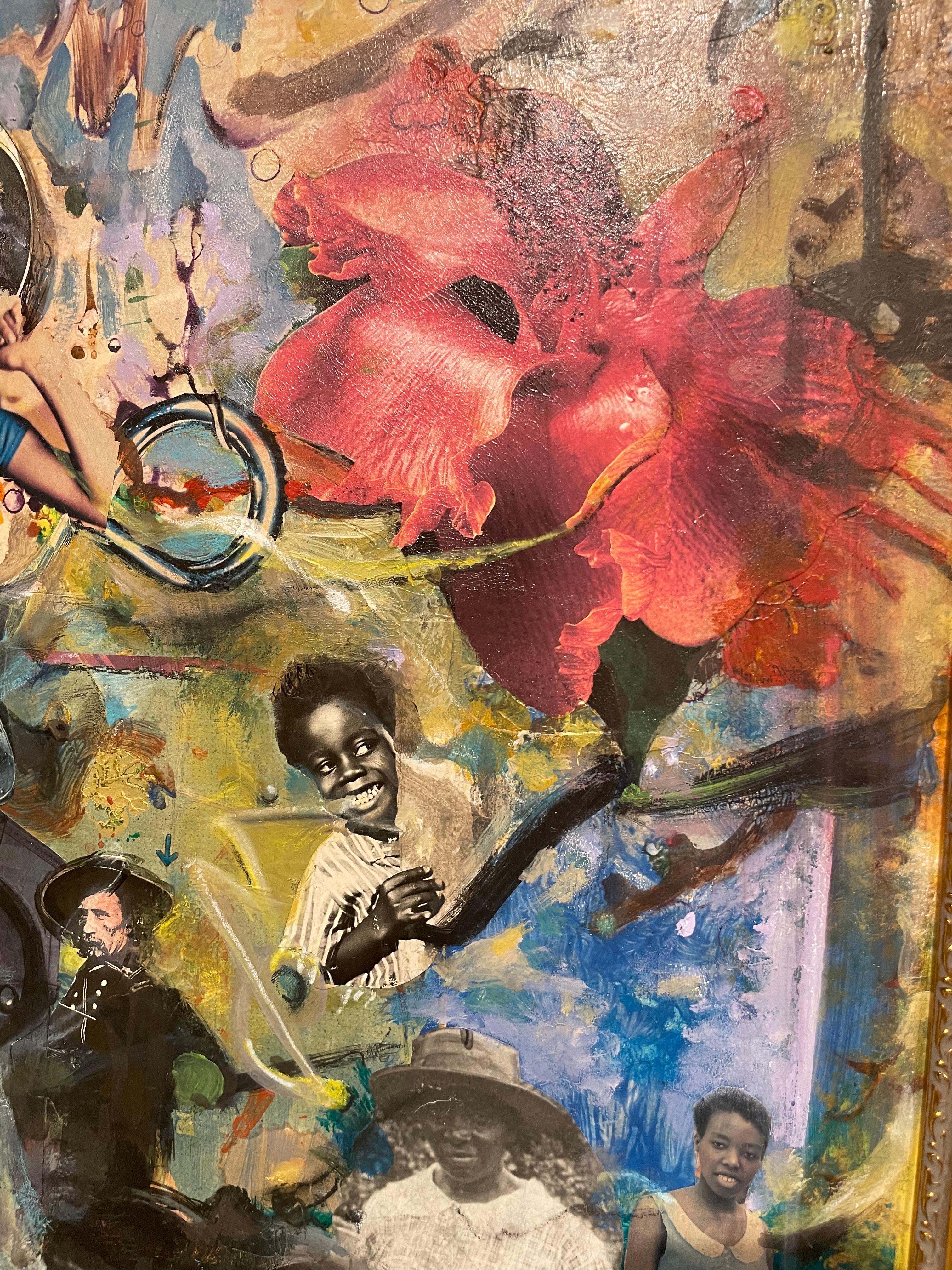 Beyond the Blues: African American abstract collage painting w/ figures, flowers - Abstract Painting by Richard J. Watson