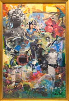 Beyond the Blues: African American abstract collage painting w/ figures, flowers
