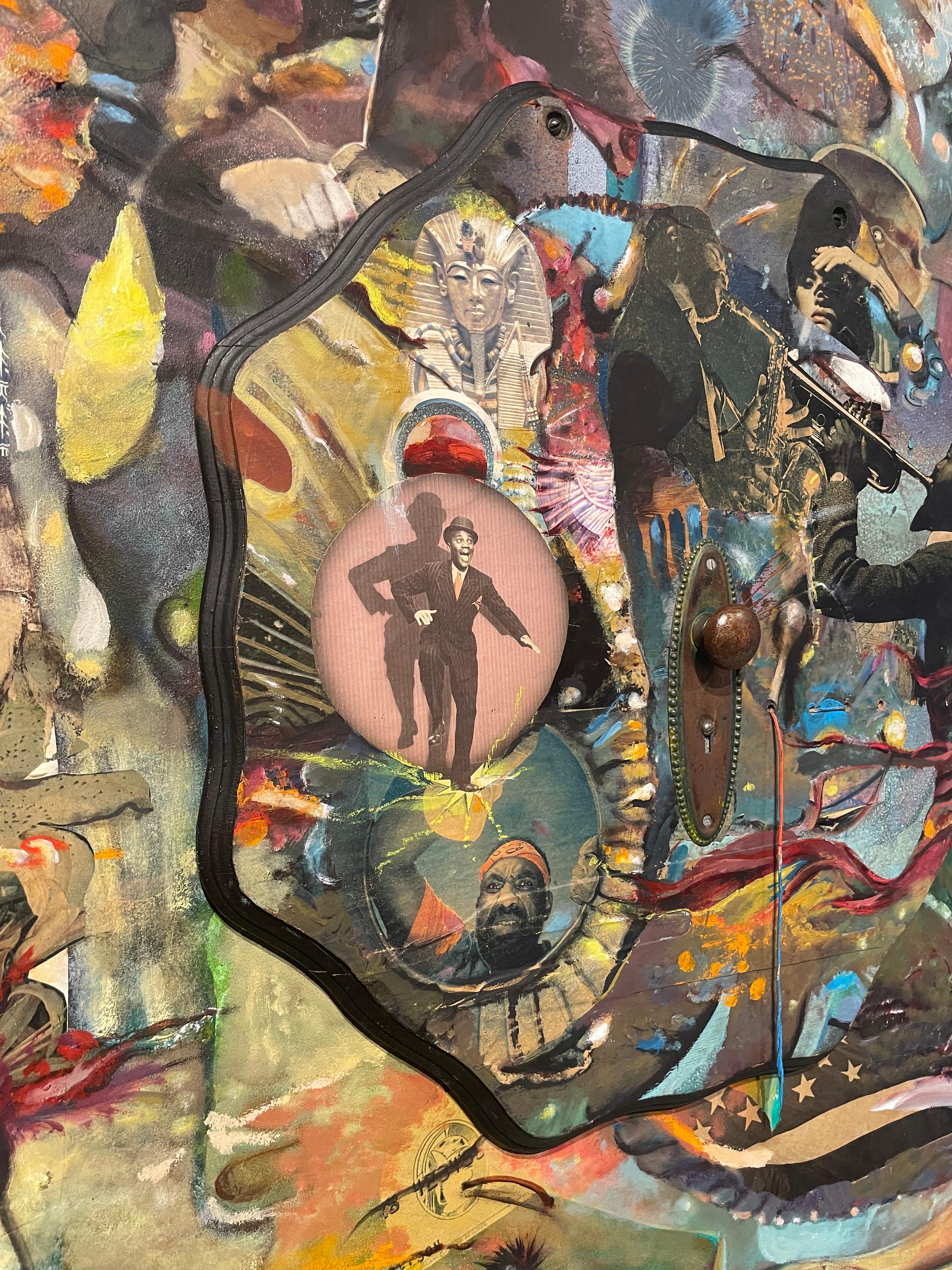 Birth of the Blues: pittura astratta a collage con oggetti trovati, immagine di musica jazz - Painting di Richard J. Watson