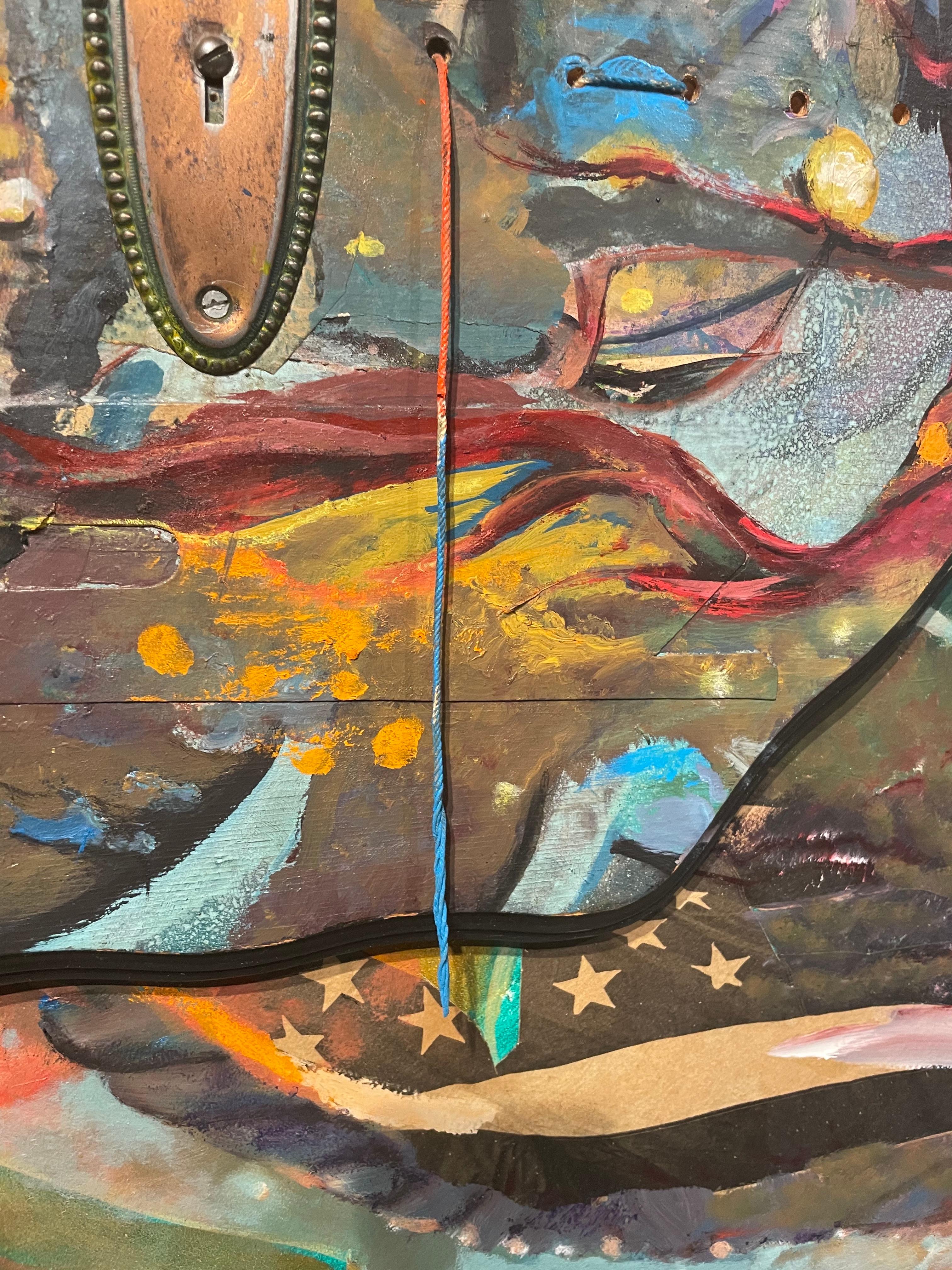 Birth of the Blues: pittura astratta a collage con oggetti trovati, immagine di musica jazz - Abstract Painting Marrone di Richard J. Watson