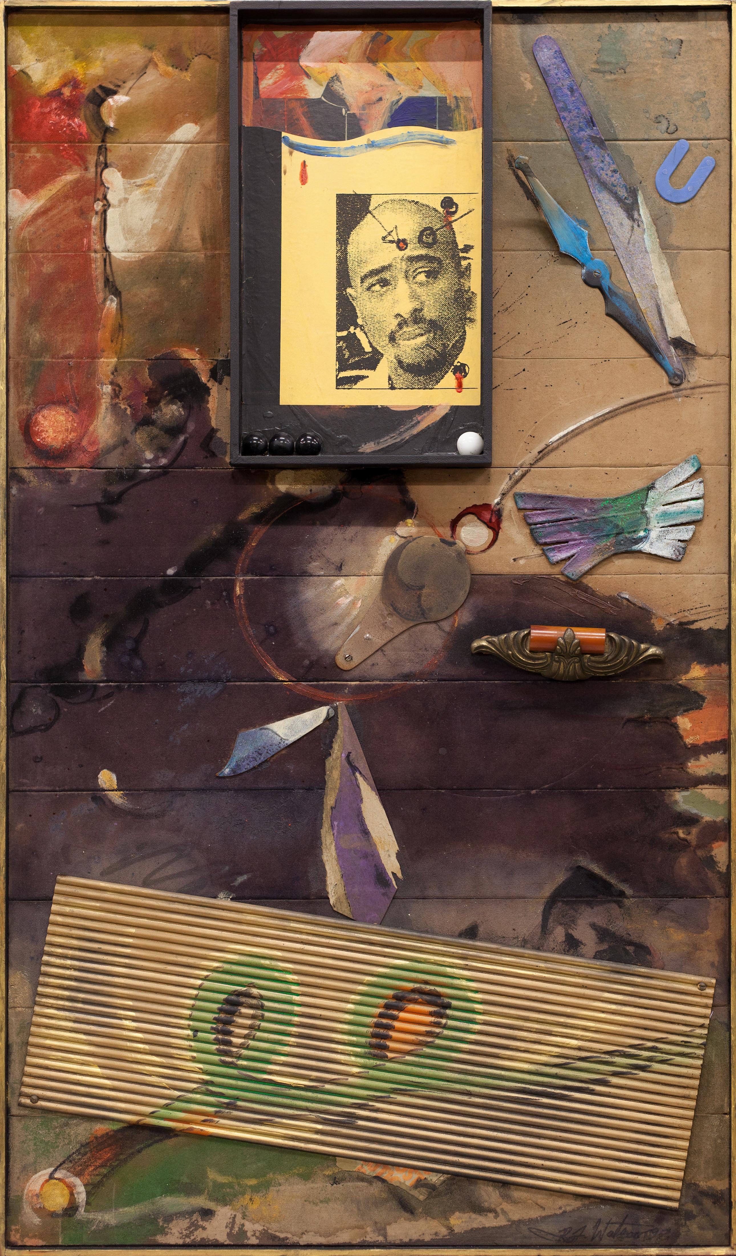 Richard J. Watson Figurative Painting - Black art abstract painting w/ collage, mixed media & photograph of Tupac Shakur