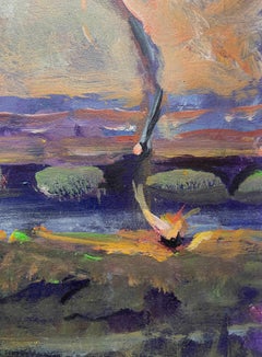 Emergence : peinture abstraite de paysage sur papier encadrée avec pont, surréalisme