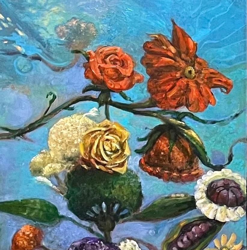 Free Association I: abstract imagined landscape painting w/ flowers & blue ocean - Painting by Richard J. Watson