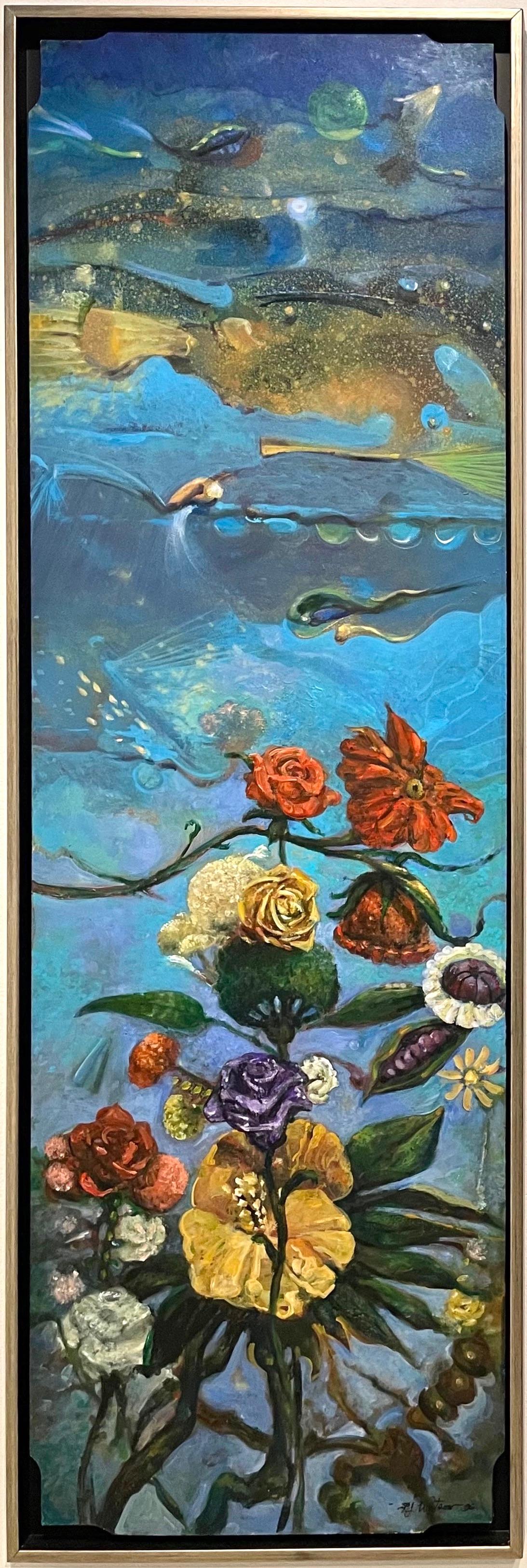 Richard J. Watson Abstract Painting - Free Association I: abstract imagined landscape painting w/ flowers & blue ocean