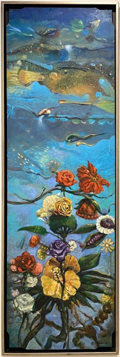 Free Association I: abstract imagined landscape painting w/ flowers & blue ocean