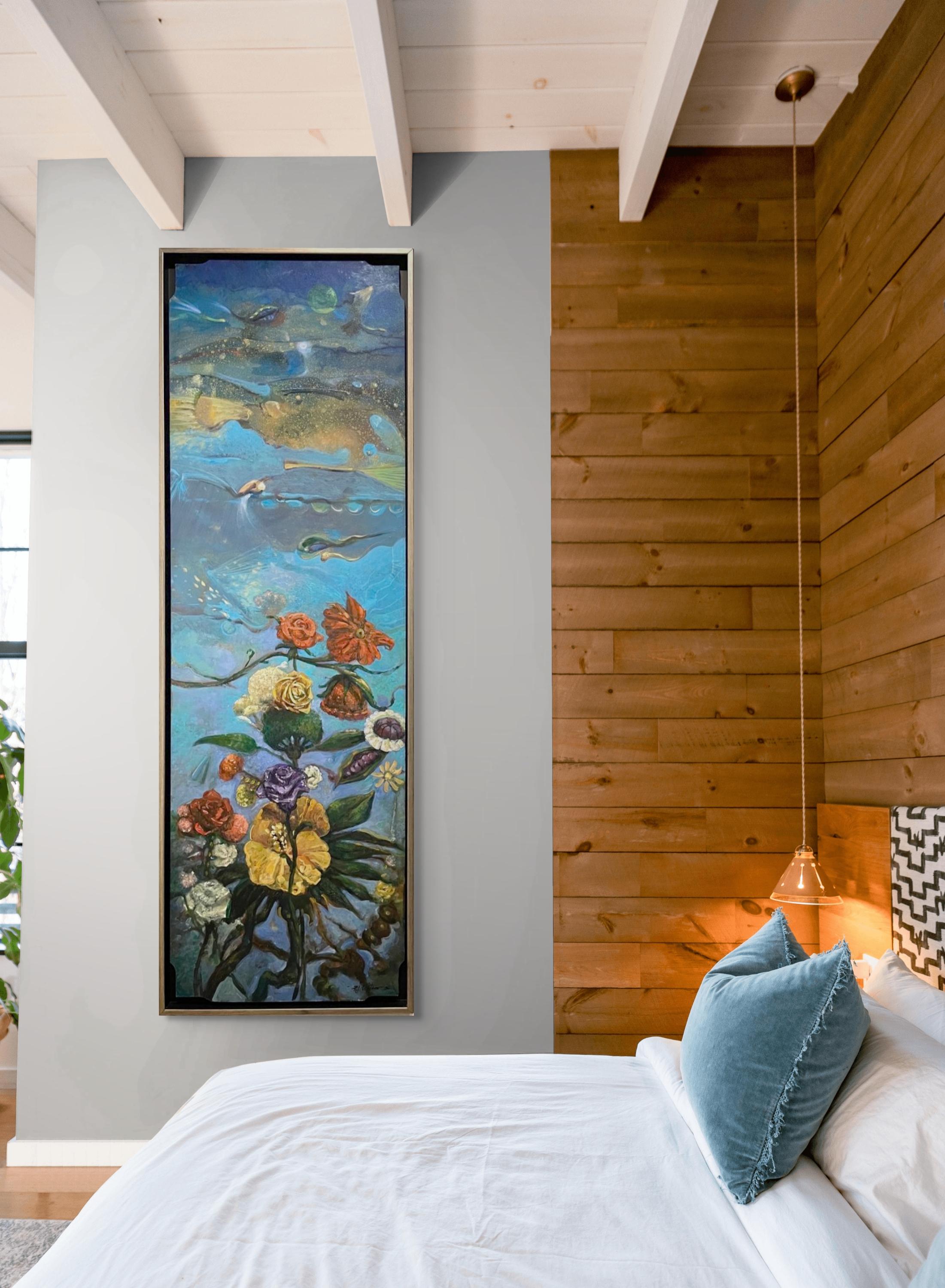 Freie Assoziation I: abstrakte surreale Landschaftsmalerei mit Blumen und blauem Meer – Painting von Richard J. Watson