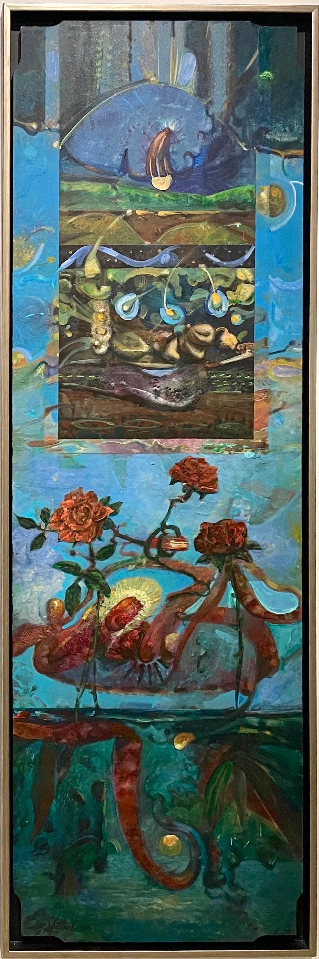 Richard J. Watson Landscape Painting - Free Association II: abstract imagined landscape painting w/ flowers. blue ocean