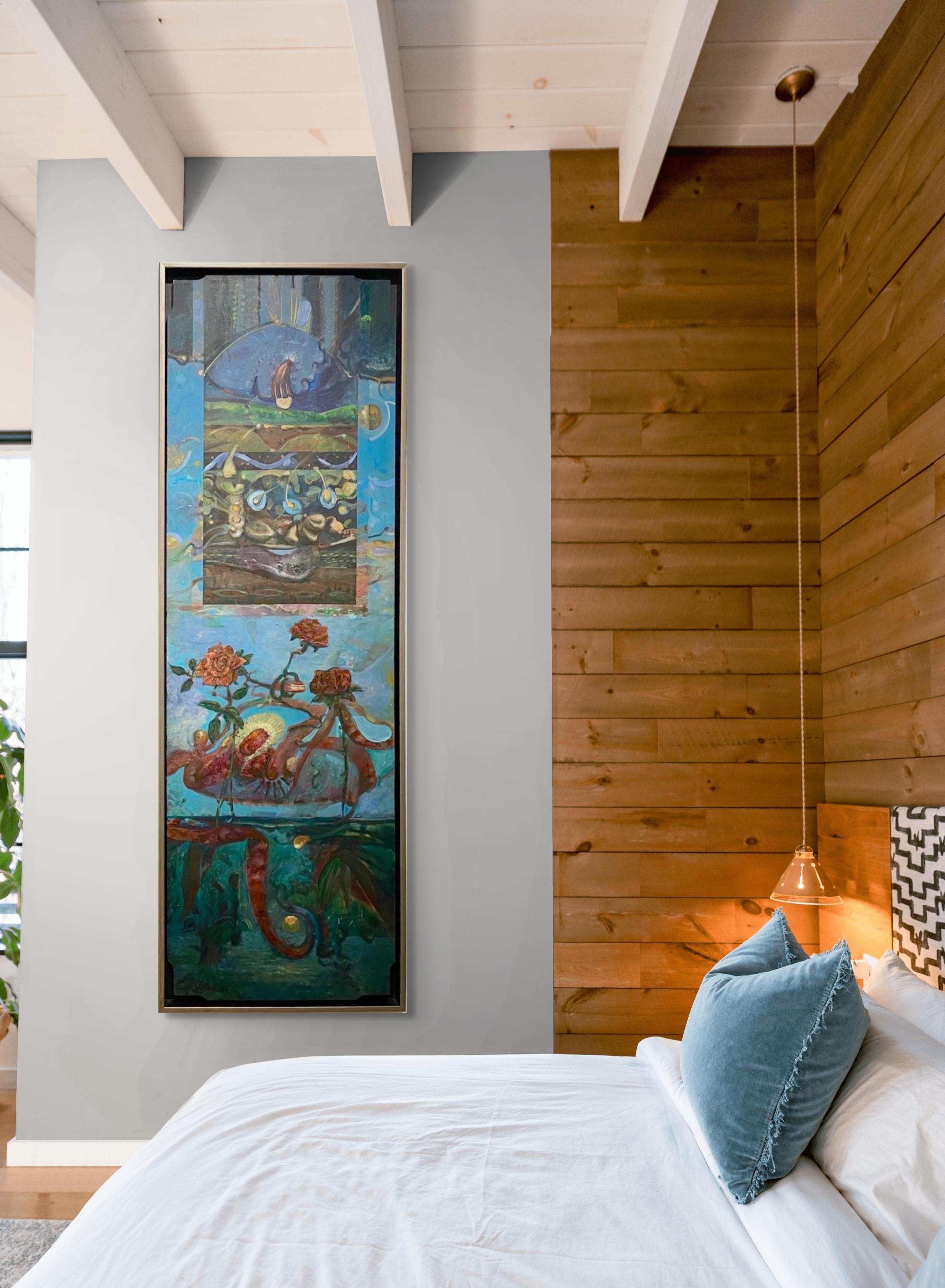 Free Association II: abstract surreal landscape painting w/ flowers, blue ocean - Painting by Richard J. Watson