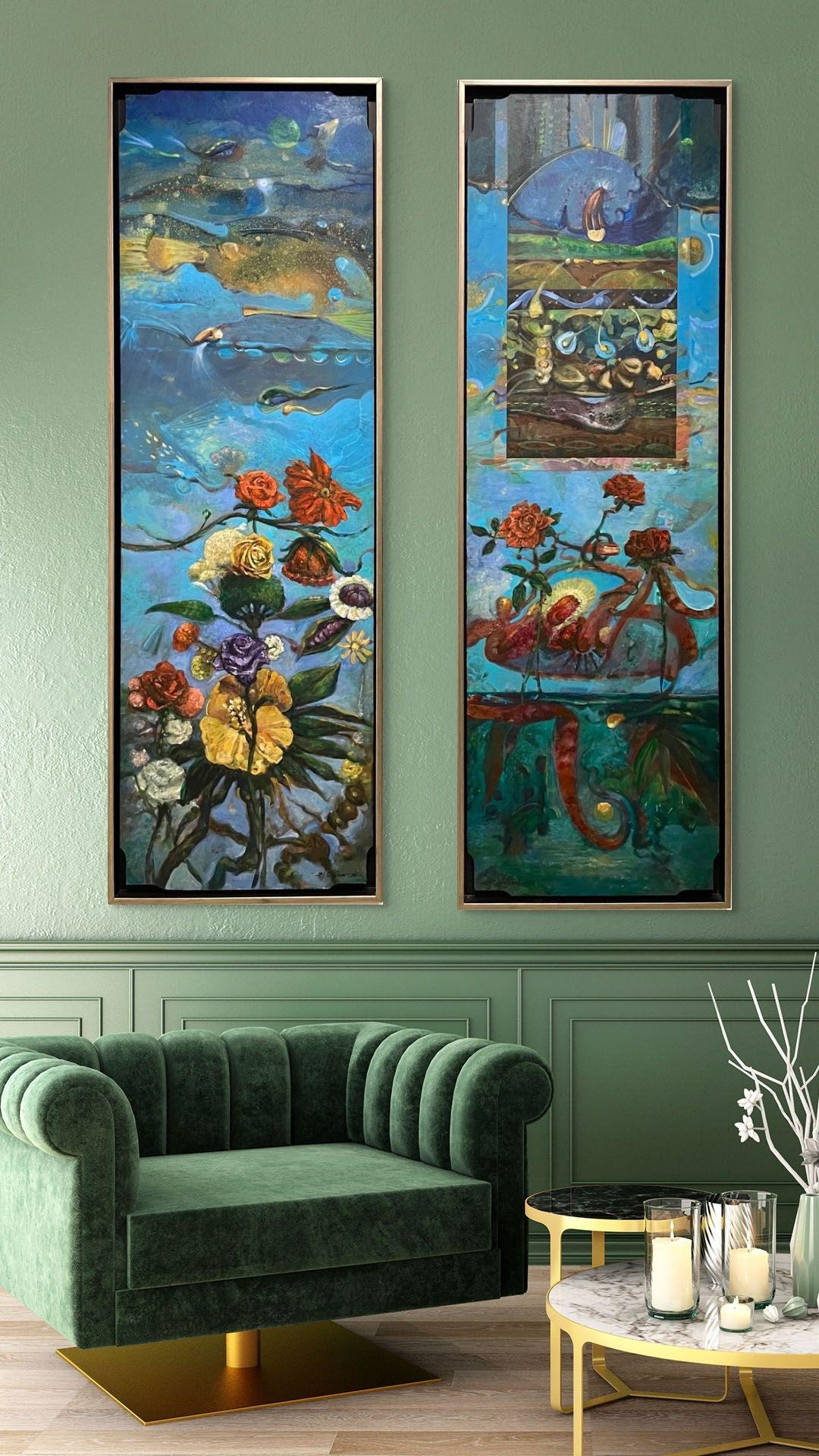 Free Association II: abstract surreal landscape painting w/ flowers, blue ocean - Surrealist Painting by Richard J. Watson
