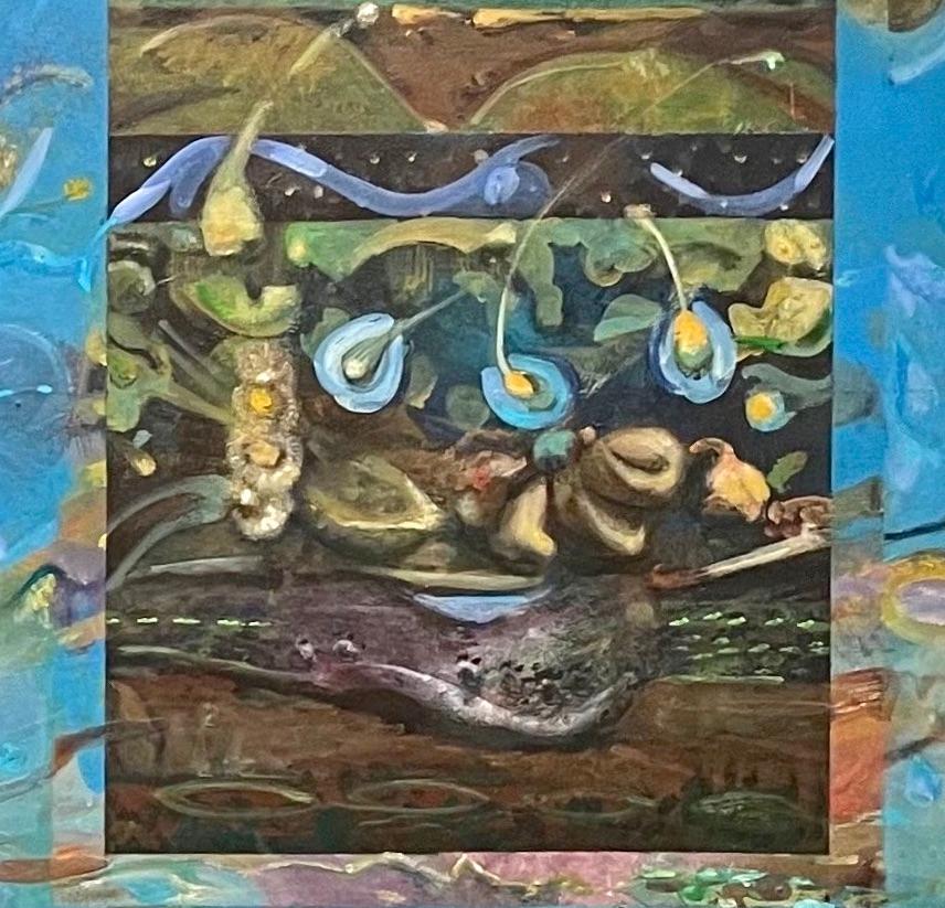 Free Association II: abstract surreal landscape painting w/ flowers, blue ocean - Beige Abstract Painting by Richard J. Watson