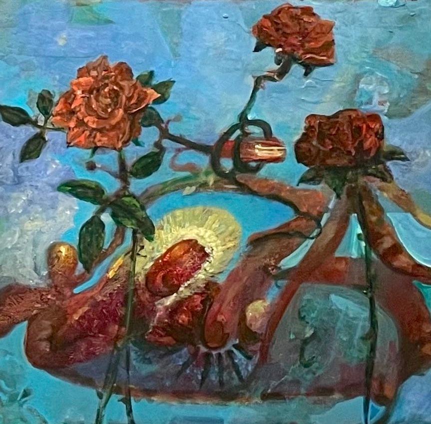 Contact me with zip code for best shipping rates and timely delivery. This is a large, vertical acrylic painting of an imaginary, dream-like landscape with naturalistic flowers and abstract ocean references. Blues predominate. It is signed along