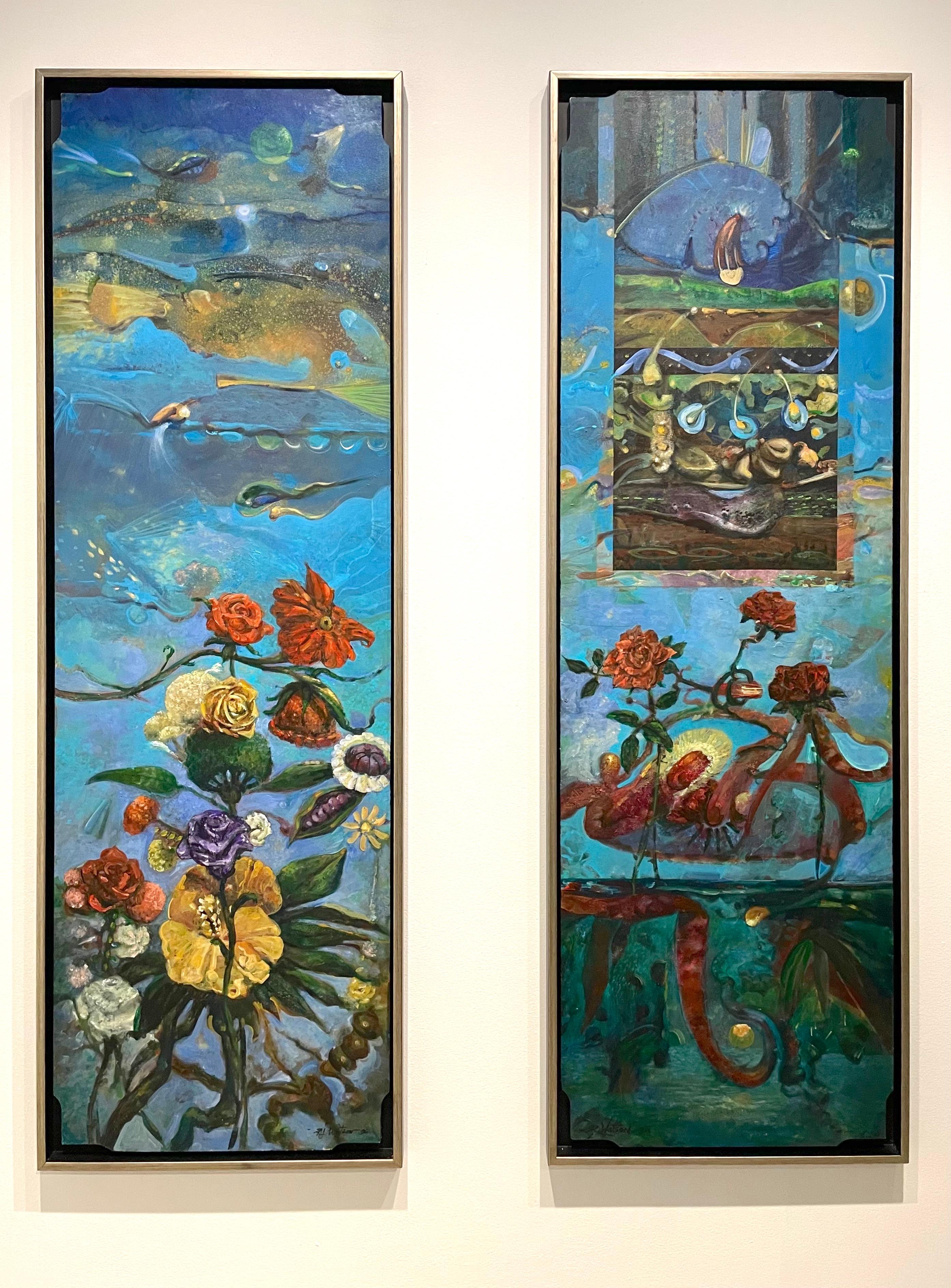 Free Association II: abstract surreal landscape painting w/ flowers, blue ocean For Sale 1